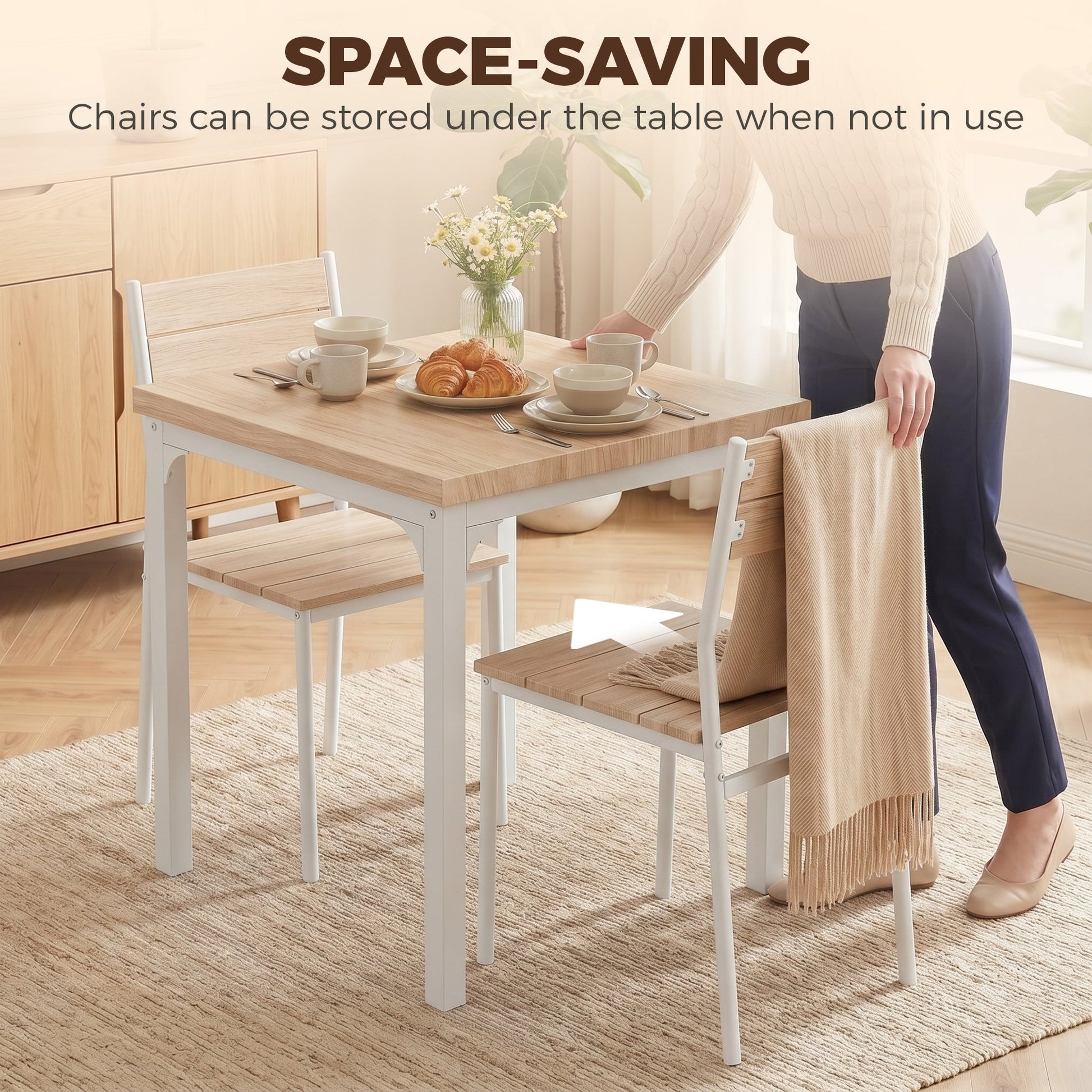 3 Pieces Modern Dining Table Set, Kitchen Table and Chairs for 2, Space Saving Design, Breakfast Nook Table Set with Steel Legs for Kitchen, Small Space, Oak Wood Effect