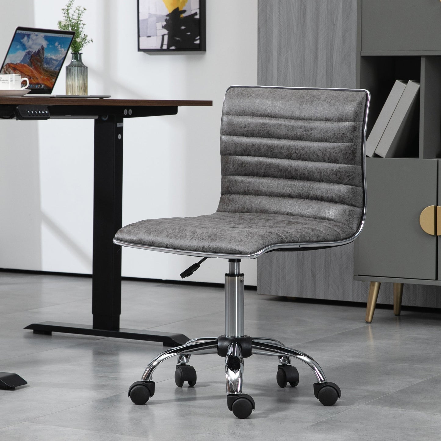 HOMCOM Adjustable Swivel Office Chair with Armless Mid-Back in Microfibre Cloth and Chrome Base - Grey