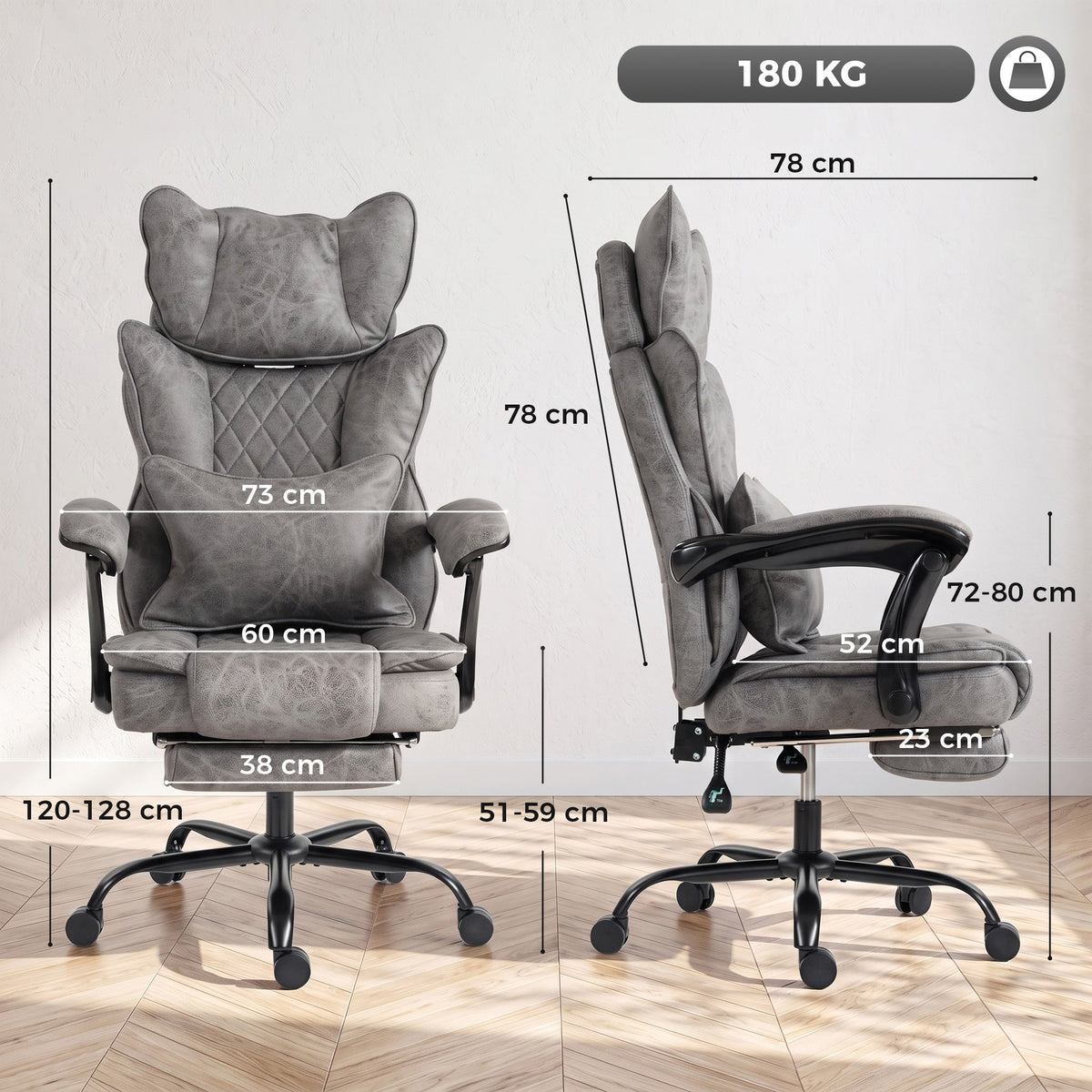 Executive Office Chair, 180kg Big and Tall Leathaire Desk Chair with Adjustable Headrest, Lumbar Support, Wide Seat, Reclining Back, Footrest, Swivel Wheels, Grey