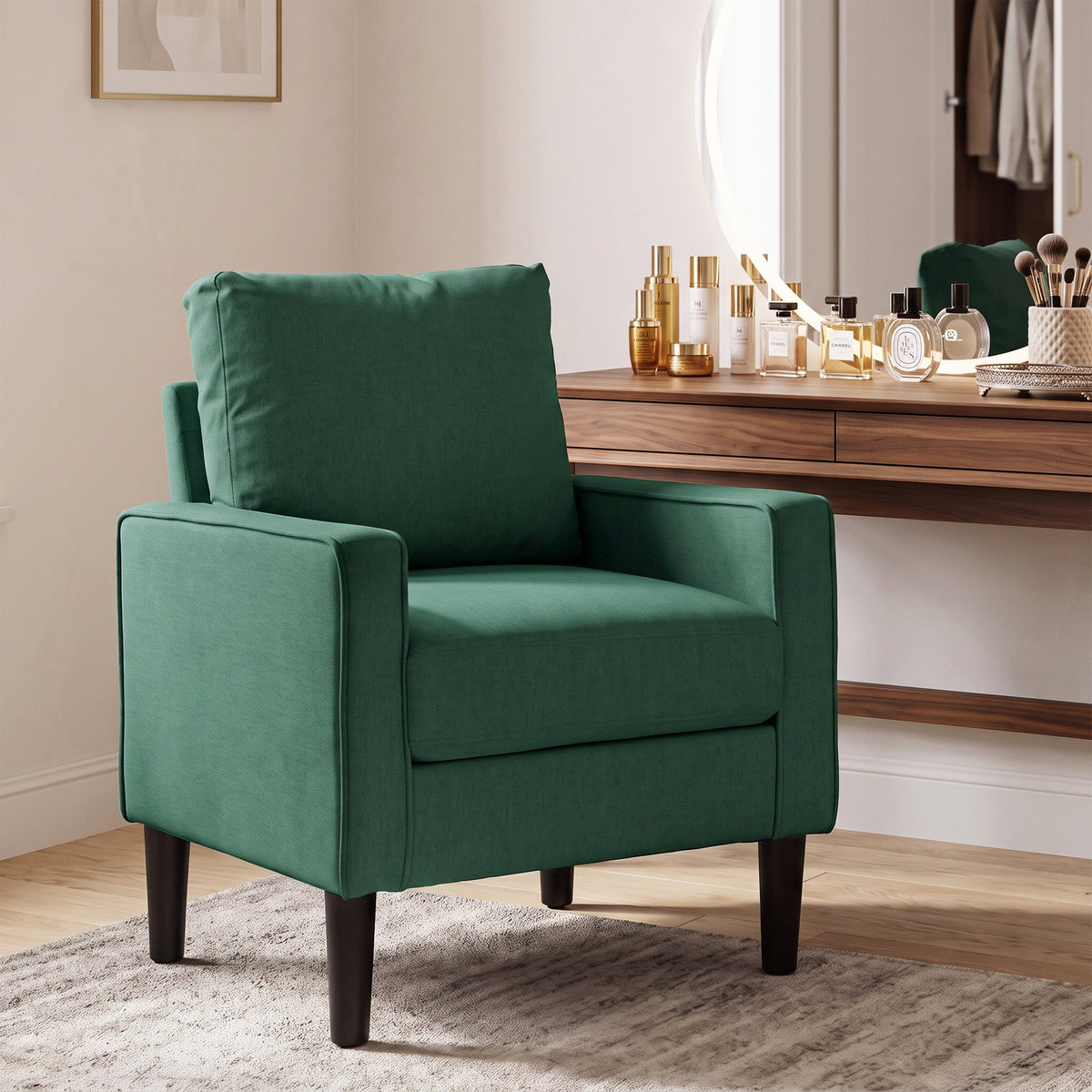 Armchair, Removable Pillow Linen Accent Chair, Comfy Spring Cushion Reading Lounge for Living Room, Bedroom, Study, Dark Green