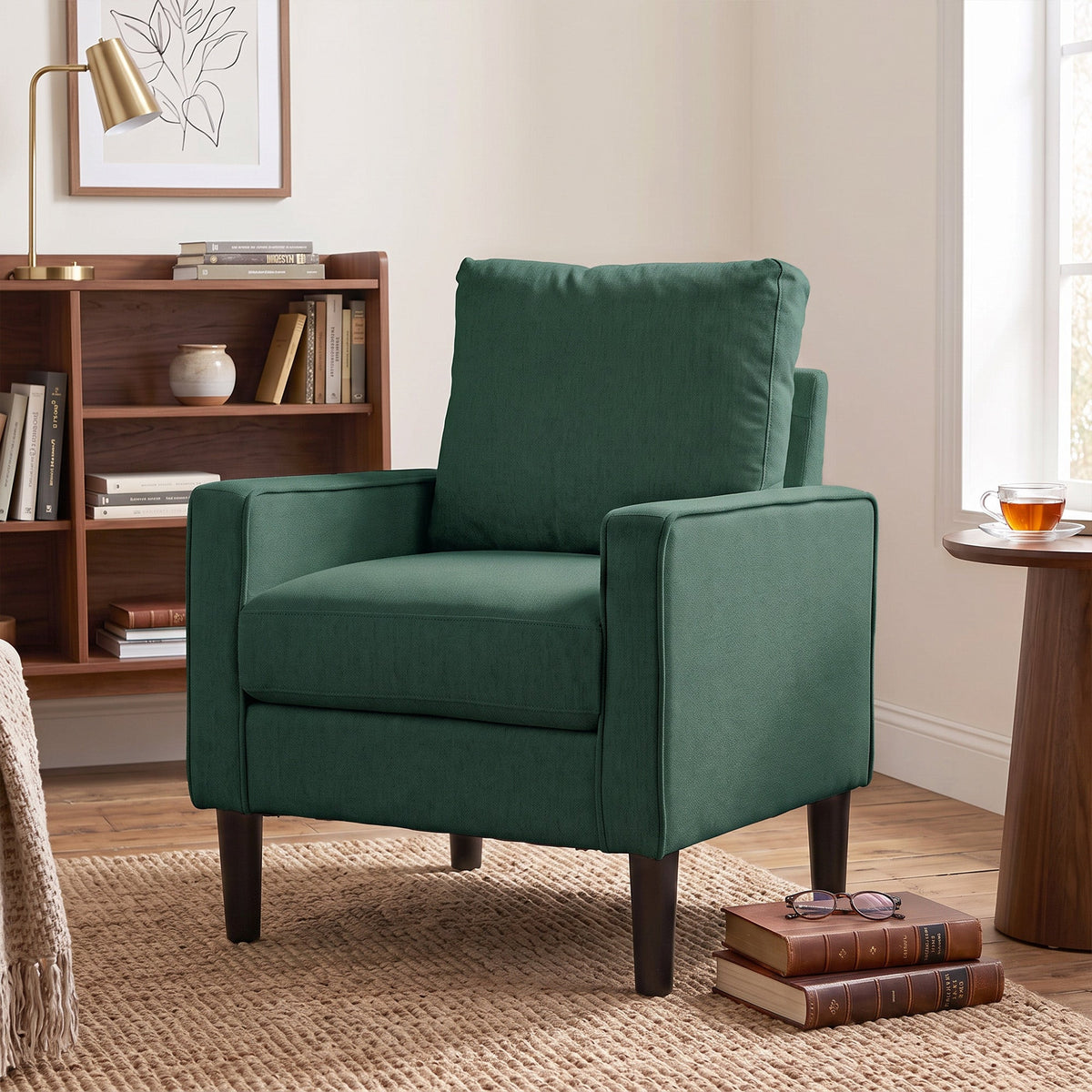 Armchair, Removable Pillow Linen Accent Chair, Comfy Spring Cushion Reading Lounge for Living Room, Bedroom, Study, Dark Green