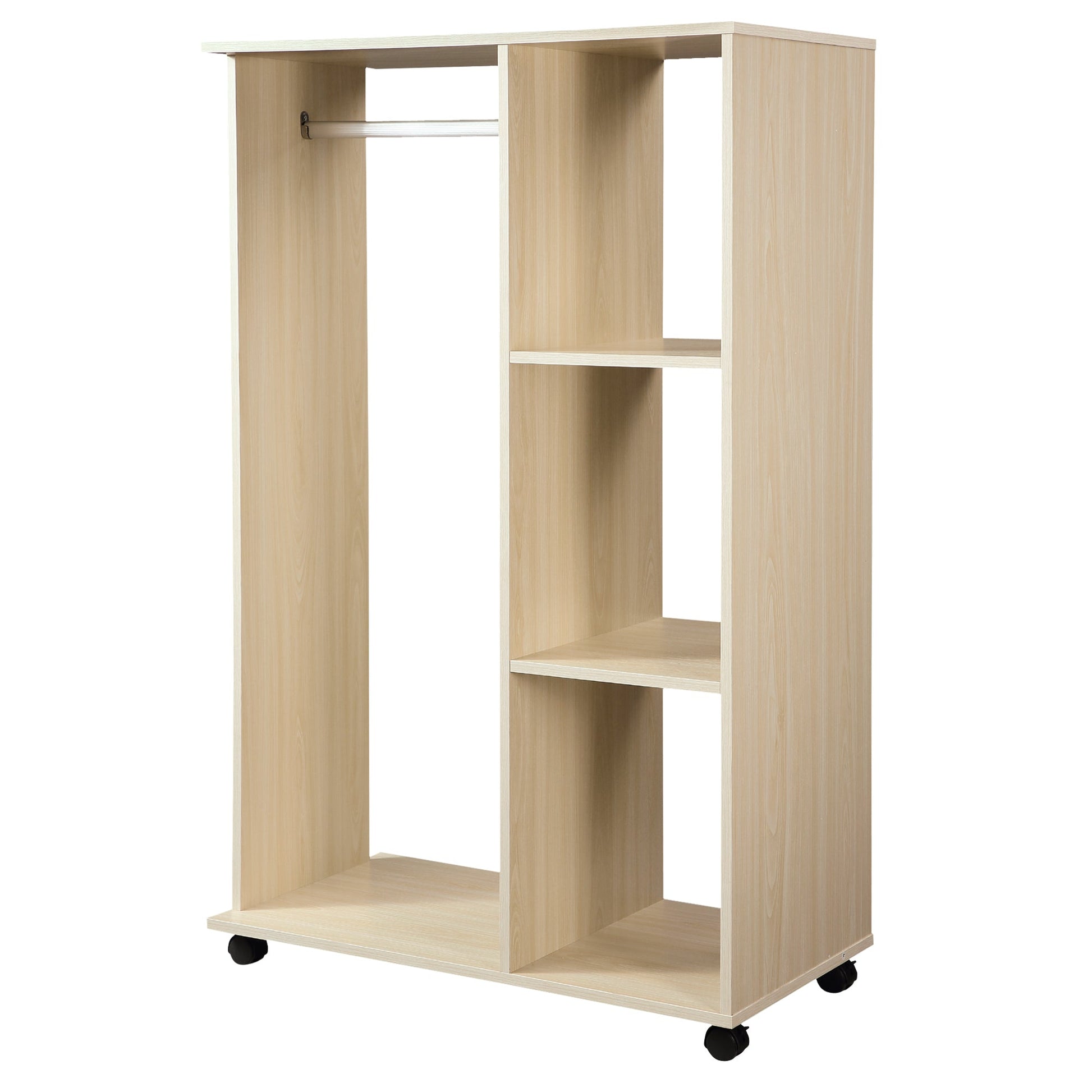 Open Wardrobe on Wheels, Bedroom Wardrobe with Clothes Hanging Rail, 3 Storage Shelves, Mobile Garment Rack for Cloakroom, Hallway, Maple Wood-Effect