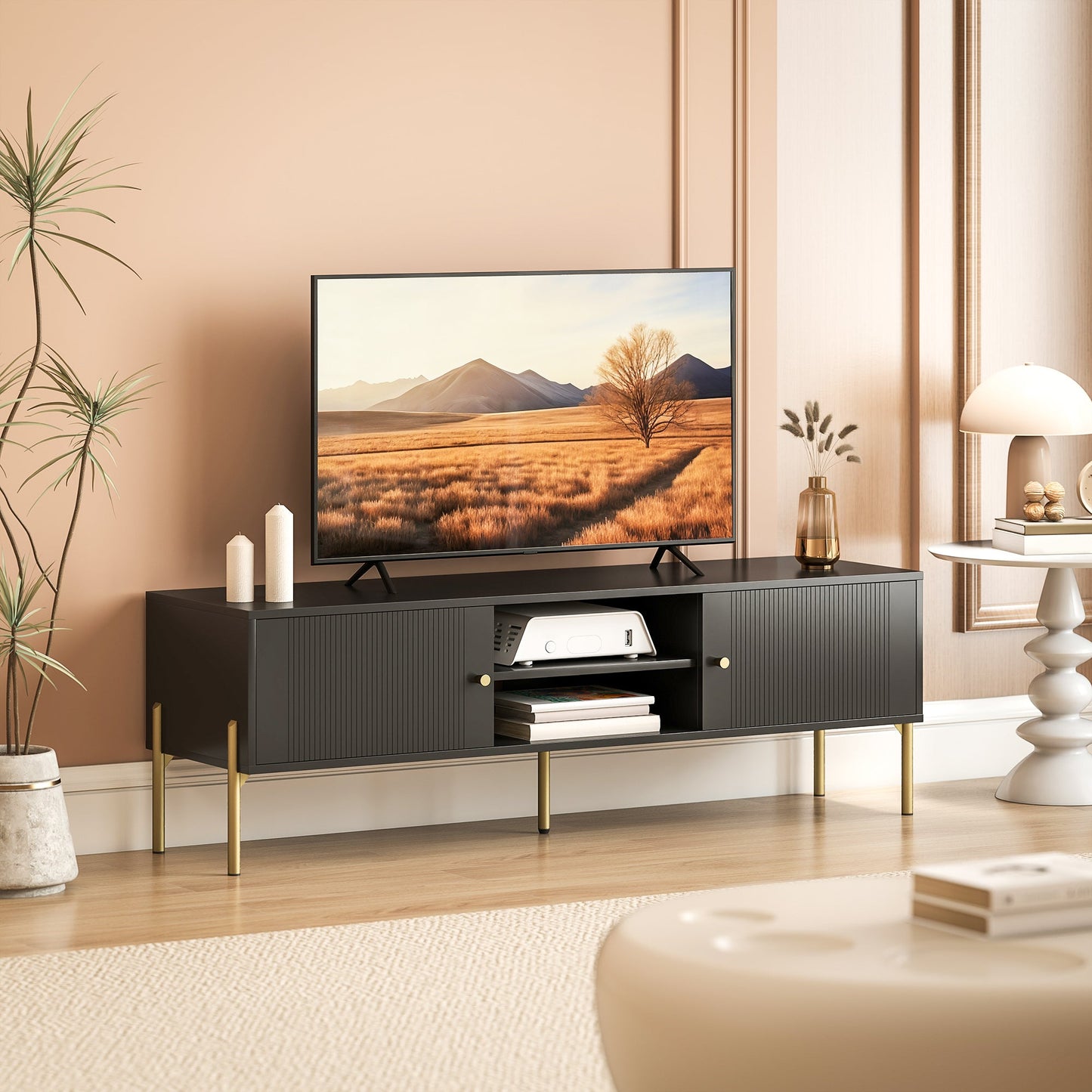 TV Stand for Television up to 65 Inch, Modern Entertainment Center with 2 Open Shelves, 2 Cabinets and 5 Steel Legs, TV Console with 2 Cable Holes for Living Room, Black