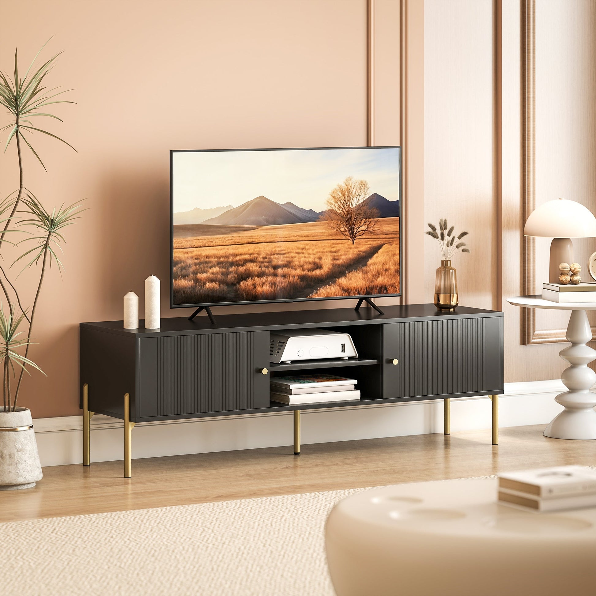 TV Stand for Television up to 65 Inch, Modern Entertainment Center with 2 Open Shelves, 2 Cabinets and 5 Steel Legs, TV Console with 2 Cable Holes for Living Room, Black