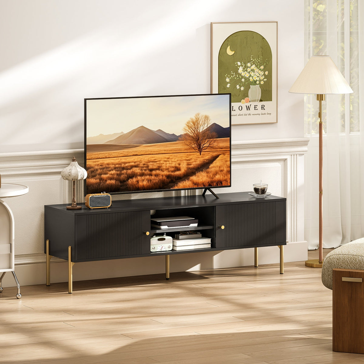 TV Stand for Television up to 65 Inch, Modern Entertainment Center with 2 Open Shelves, 2 Cabinets and 5 Steel Legs, TV Console with 2 Cable Holes for Living Room, Black