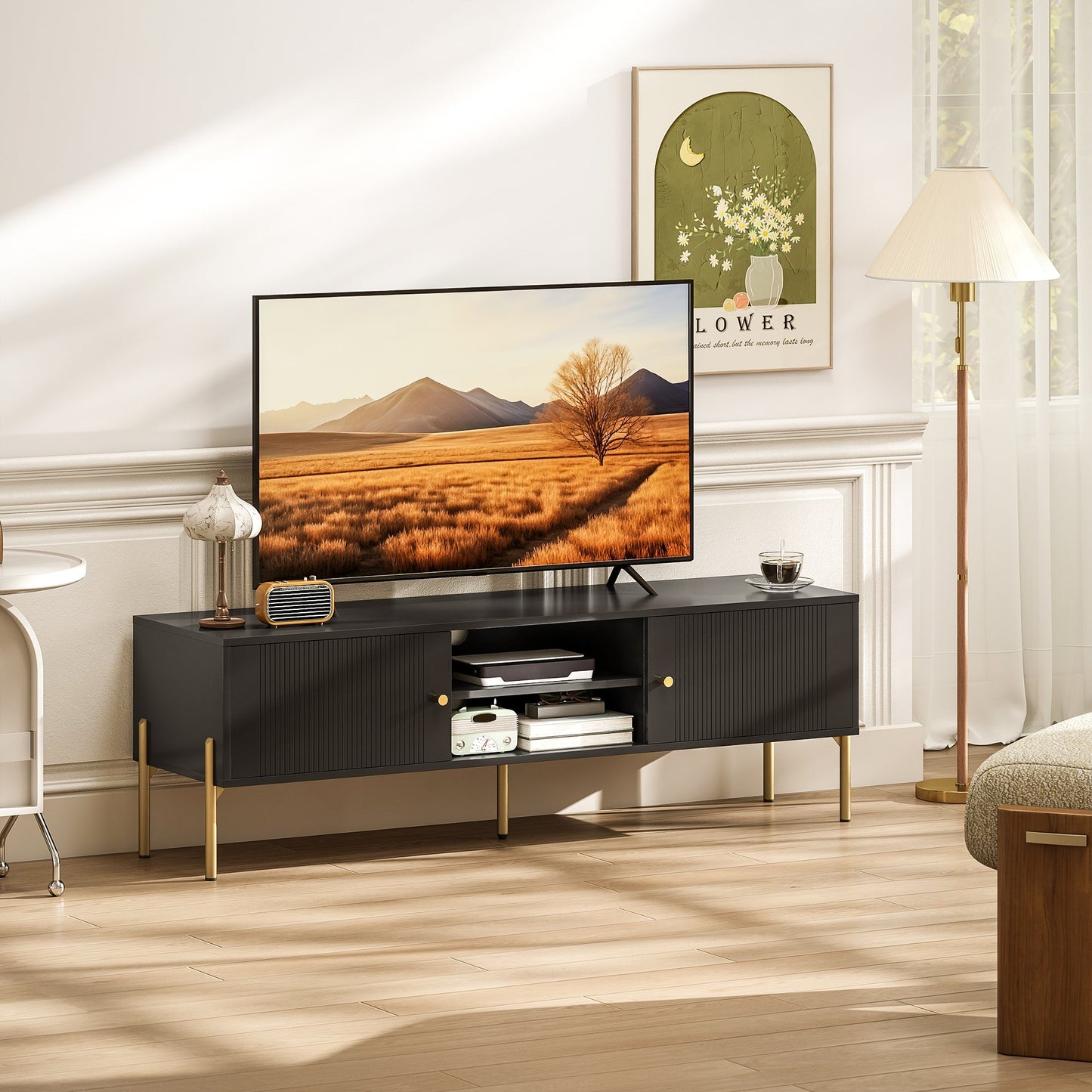 TV Stand for Television up to 65 Inch, Modern Entertainment Center with 2 Open Shelves, 2 Cabinets and 5 Steel Legs, TV Console with 2 Cable Holes for Living Room, Black