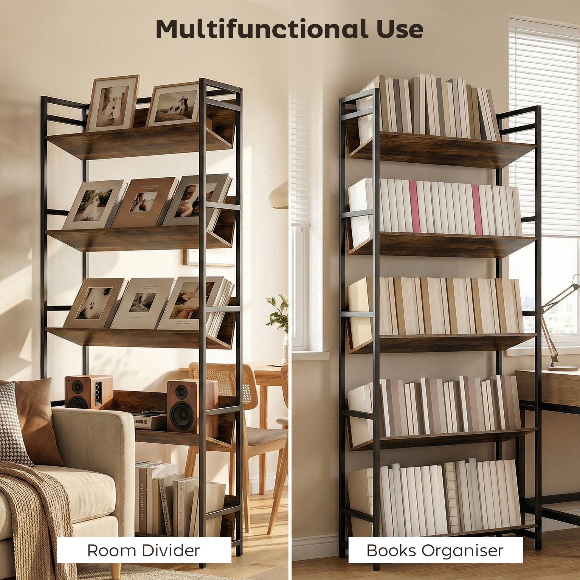 Room Divider Bookshelf, 5-Tier Bookcase, Storage Shelves with Metal Frame and Anti-Slip Design for Living Room, Bedroom, Home Office, Rustic Brown