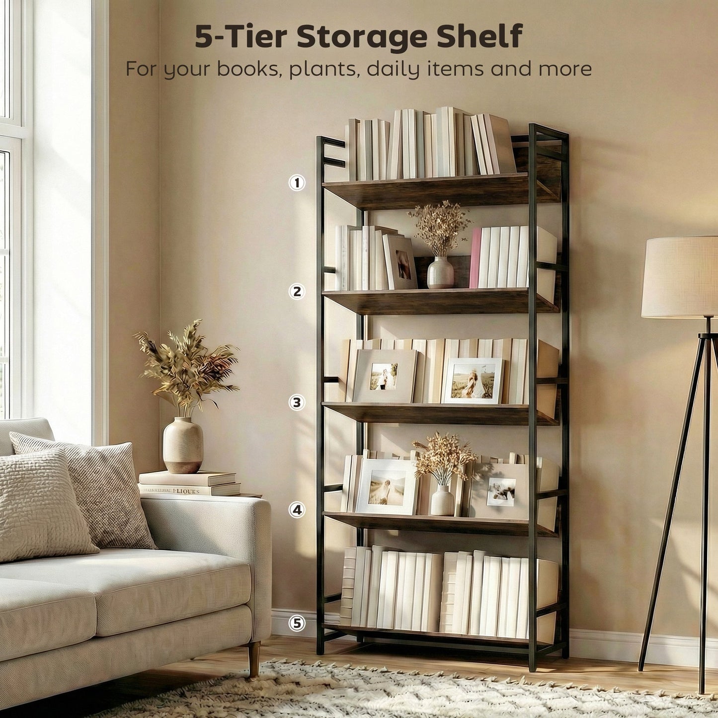 Room Divider Bookshelf, 5-Tier Bookcase, Storage Shelves with Metal Frame and Anti-Slip Design for Living Room, Bedroom, Home Office, Rustic Brown