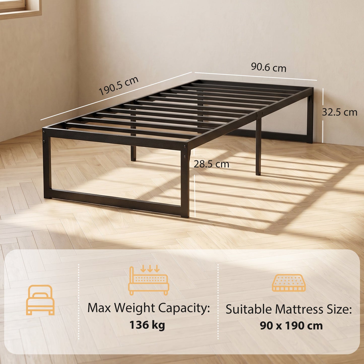3ft Single Bed Frame with Underbed Storage, 32.5 cm Height, Metal Platform Bed Frame with Steel Slat Support, Noise-Free, Easy Assembly, Black