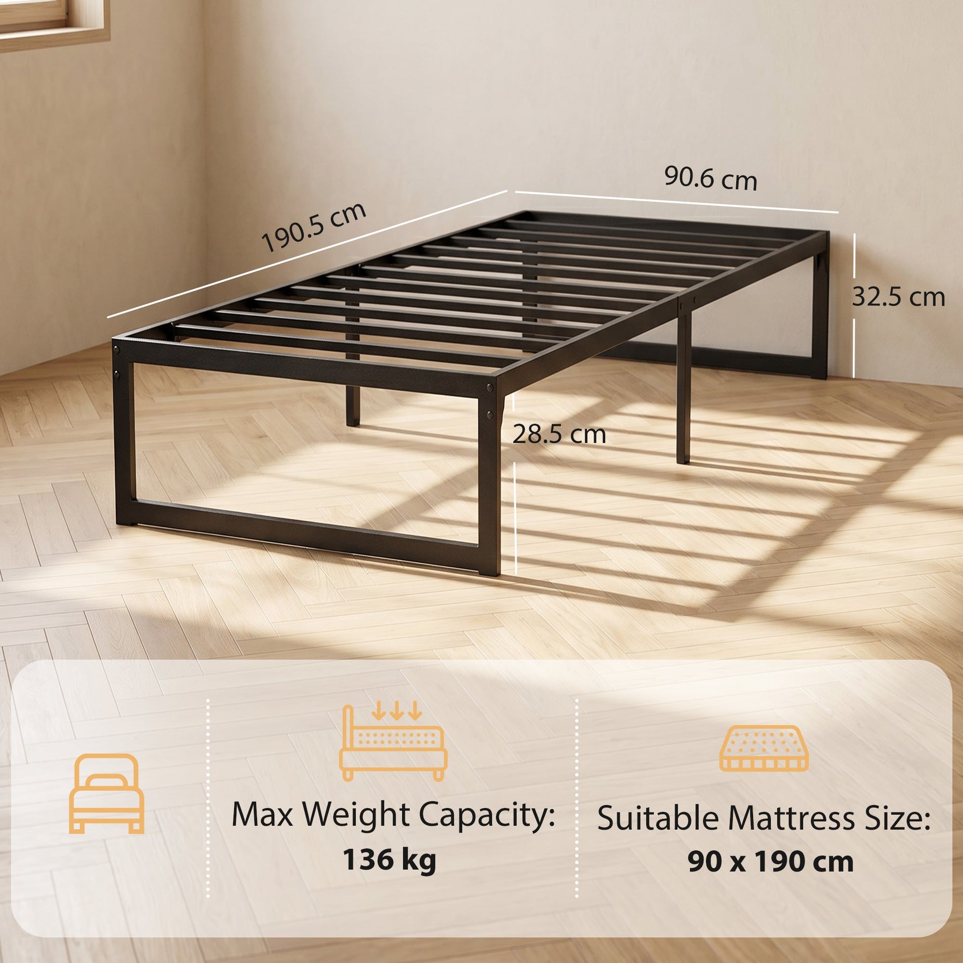 3ft Single Bed Frame with Underbed Storage, 32.5 cm Height, Metal Platform Bed Frame with Steel Slat Support, Noise-Free, Easy Assembly, Black