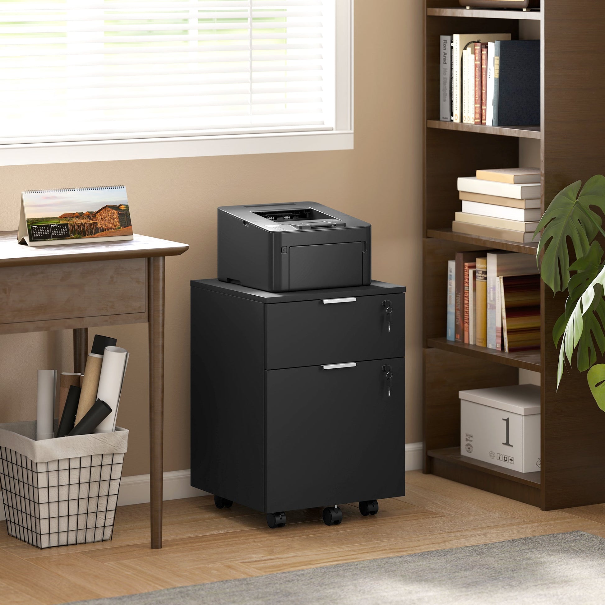 Mobile File Cabinet with Wheels and Lock, 2 Drawer Under Desk Office Cabinet, Adjustable A4 and Letter Hanging Bars, Black