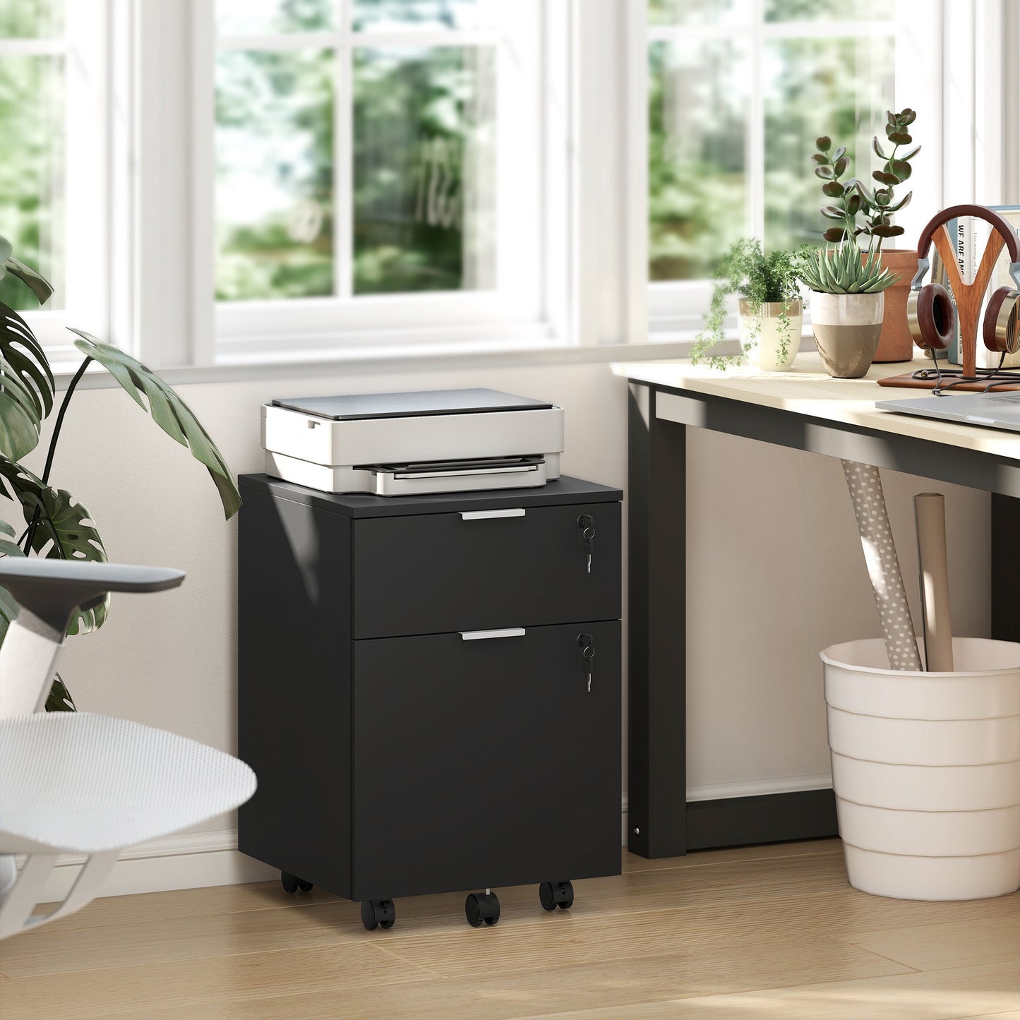 Mobile File Cabinet with Wheels and Lock, 2 Drawer Under Desk Office Cabinet, Adjustable A4 and Letter Hanging Bars, Black