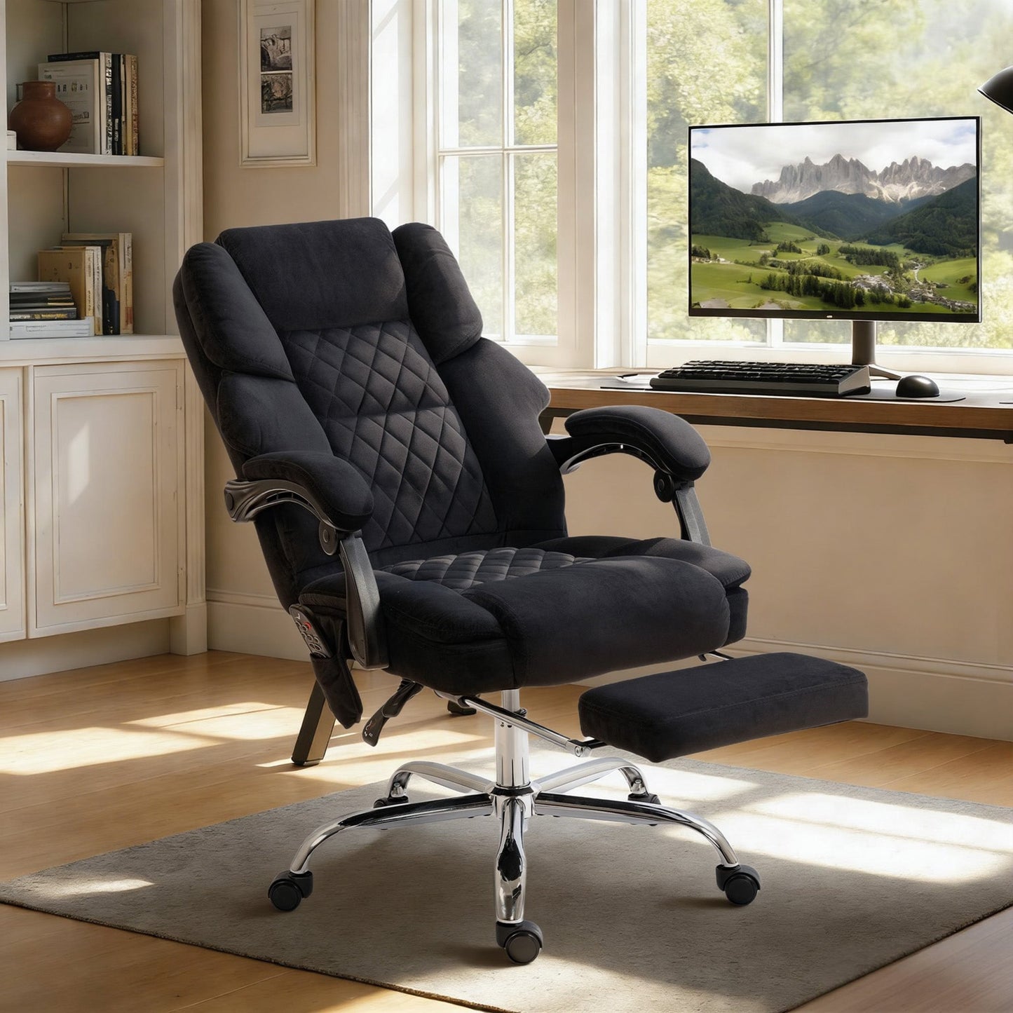 Office Chair with 6-point Vibration Massage and Heat, Velvet-feel Fabric Desk Chair with Footrest, Linkage Armrests, High Back, Adjustable Height, 135° Reclining for Home Office, Black