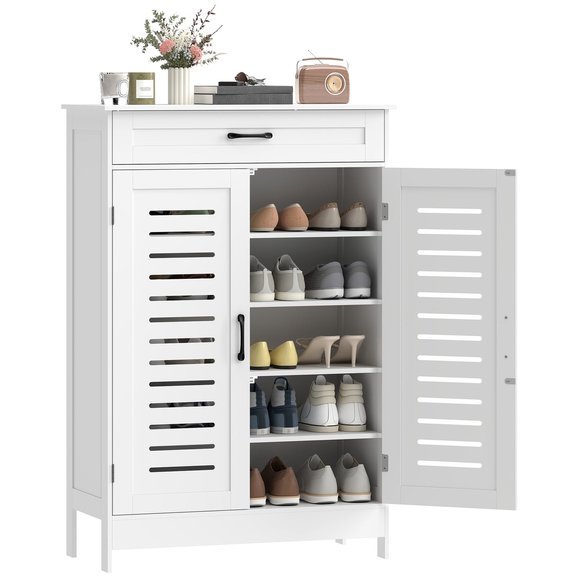 Shoe Cabinet with Louvered Doors, Modern Shoe Storage Cabinet with Drawer and Adjustable Shelves, Holds up to 20 Pairs for Entryway, Hallway, White