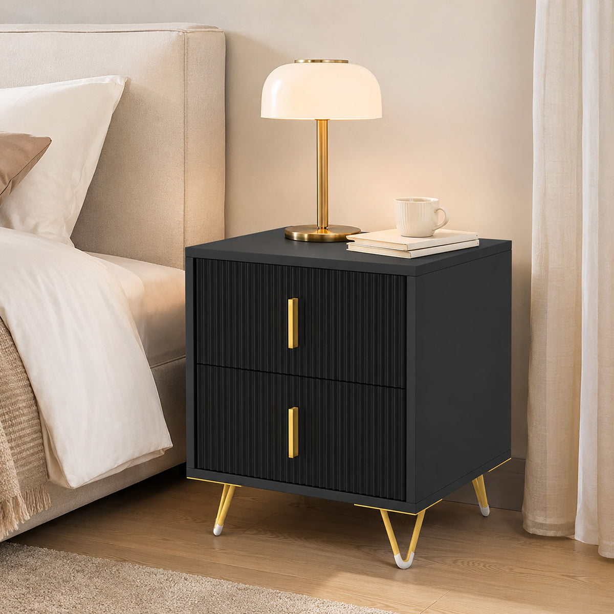 Bedside Table, Small Fluted Bedside Cabinet with 2 Drawers, Modern Nightstand, End Sofa Side Table with Hairpin Legs for Bedroom, Living Room, Black