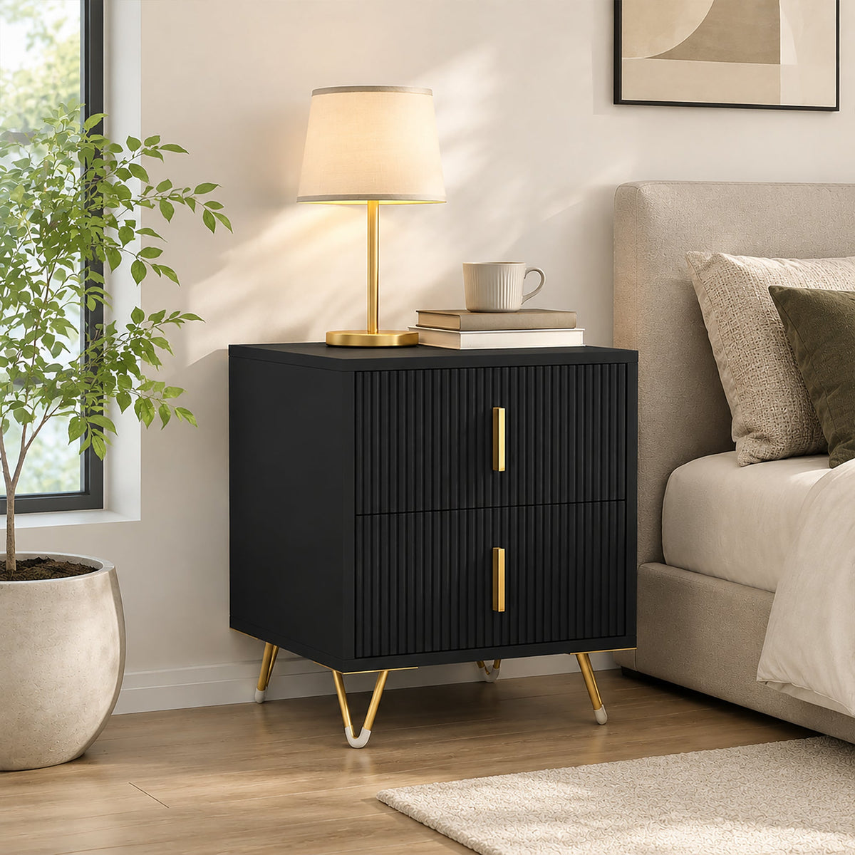 Bedside Table, Small Fluted Bedside Cabinet with 2 Drawers, Modern Nightstand, End Sofa Side Table with Hairpin Legs for Bedroom, Living Room, Black