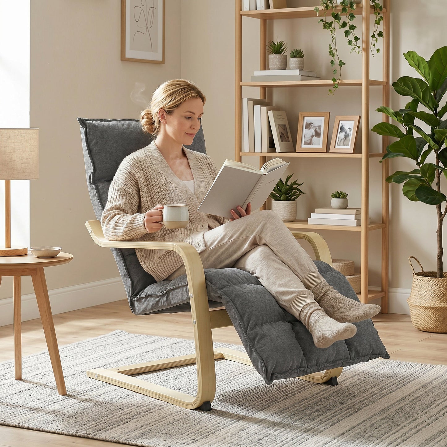 Accent Chair, Linen-Look Fabric Armchair with Footrest, Plush Cushion, High Back, Wide Seat, Curved Legs and Arms, Gentle Motion, Leisure Lounge Chair for Living Room, Bedroom, Grey
