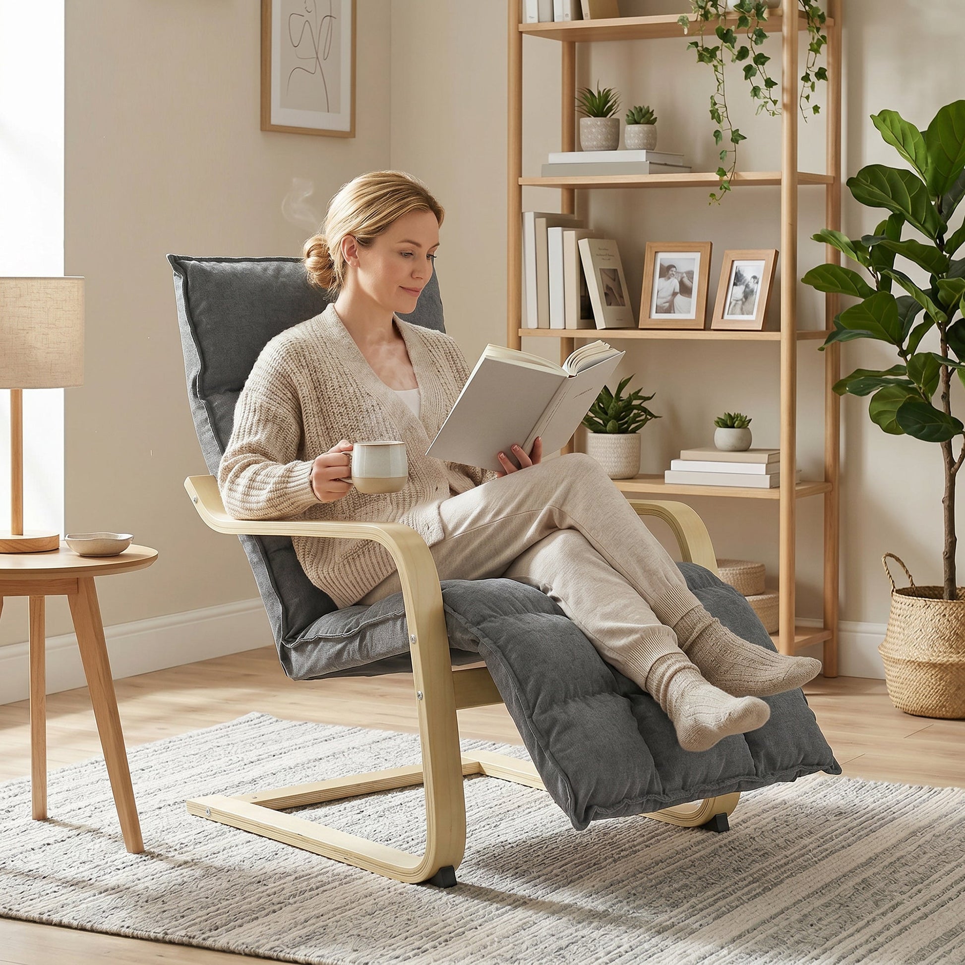 Accent Chair, Linen-Look Fabric Armchair with Footrest, Plush Cushion, High Back, Wide Seat, Curved Legs and Arms, Gentle Motion, Leisure Lounge Chair for Living Room, Bedroom, Grey