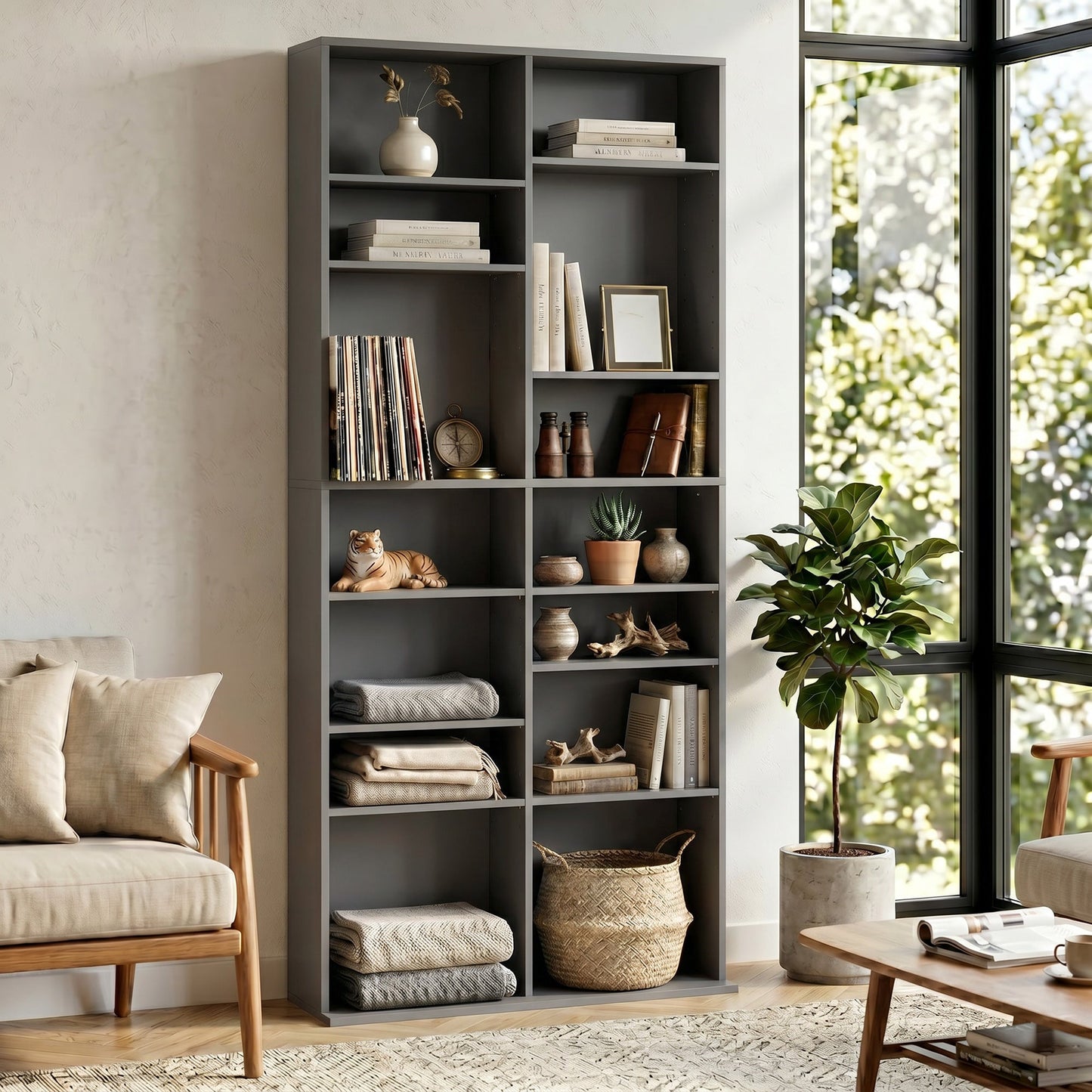 640 CD/360 DVD Storage Unit, Blu-ray Media Storage Shelf with 18 Compartments and 14 Adjustable Shelves, CD Tower for Living Room, Bedroom, Office, Grey