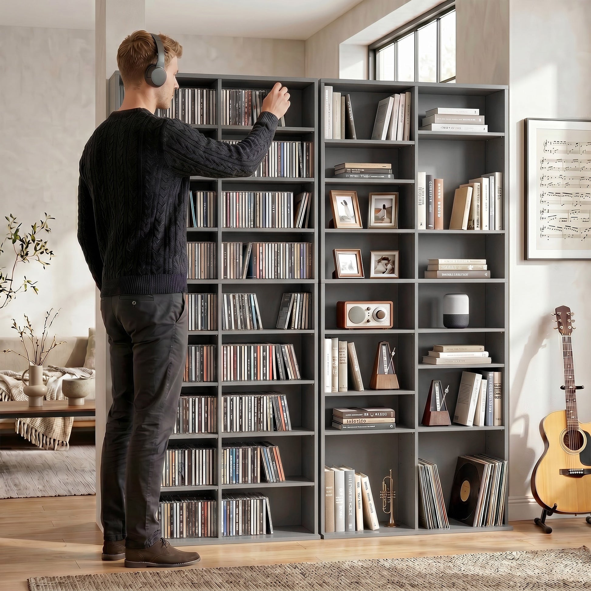 640 CD/360 DVD Storage Unit, Blu-ray Media Storage Shelf with 18 Compartments and 14 Adjustable Shelves, CD Tower for Living Room, Bedroom, Office, Grey