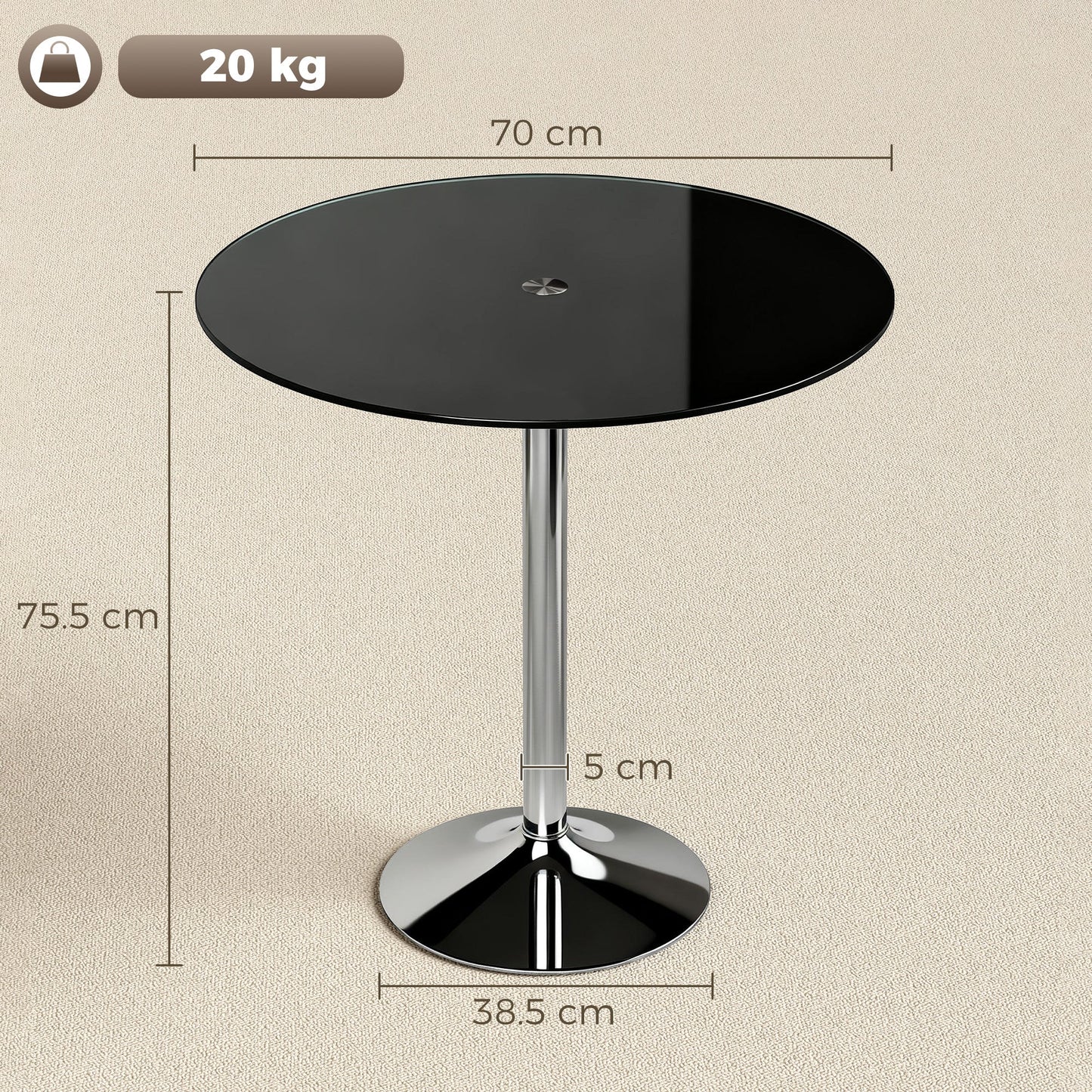 Round Bar Table, Modern Dining Table with Tempered Glass Top and Steel Frame for 4, Easy Assembly for Breakfast Bar, Dining Room, 70 x 70 x 75.5cm, Black