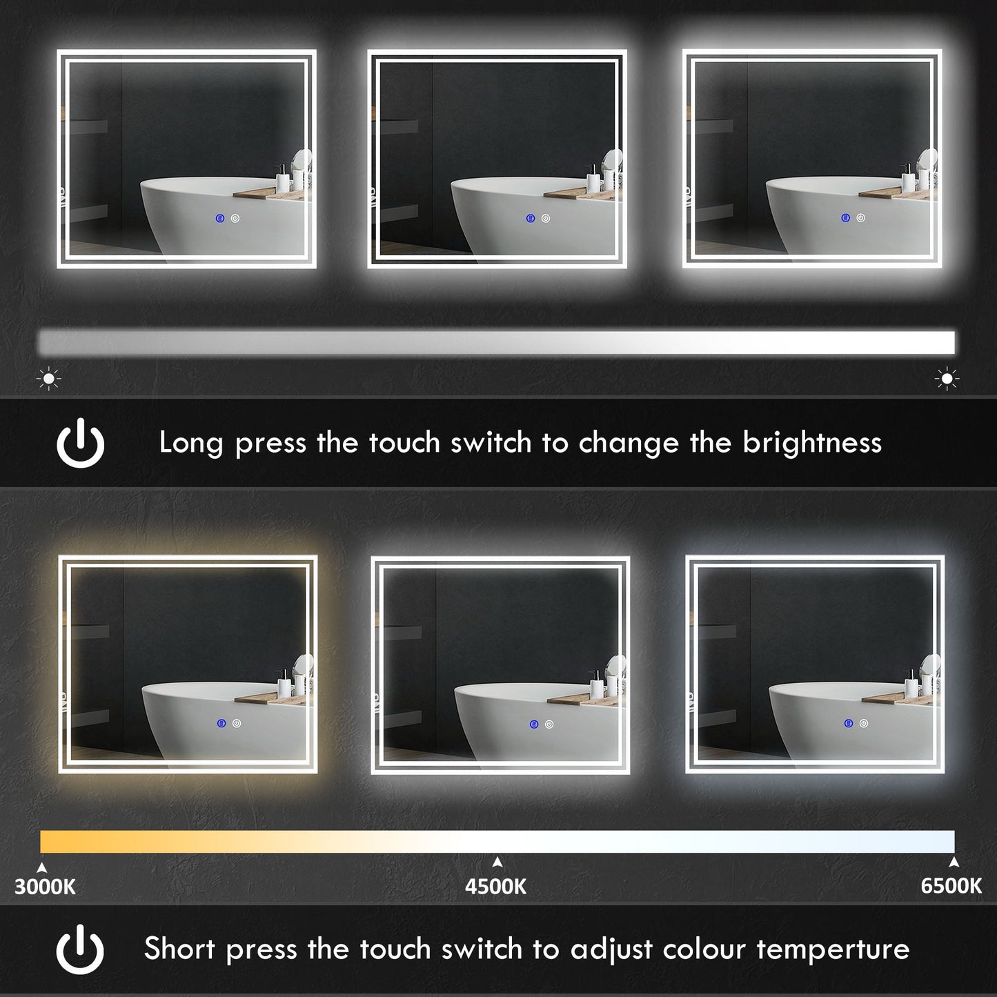 kleankin Bathroom Mirror with LED Lights, Dimmable Makeup Mirror with 3 Temperature Colours, Defogging Film, Memory Function and Aluminium Frame, Hardwired, Horizontal and Vertical, 60 x 50 cm