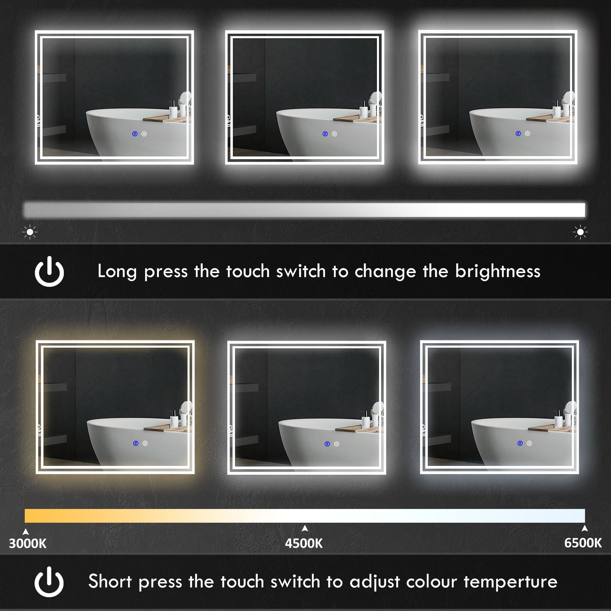 kleankin Bathroom Mirror with LED Lights, Dimmable Makeup Mirror with 3 Temperature Colours, Defogging Film, Memory Function and Aluminium Frame, Hardwired, Horizontal and Vertical, 60 x 50 cm