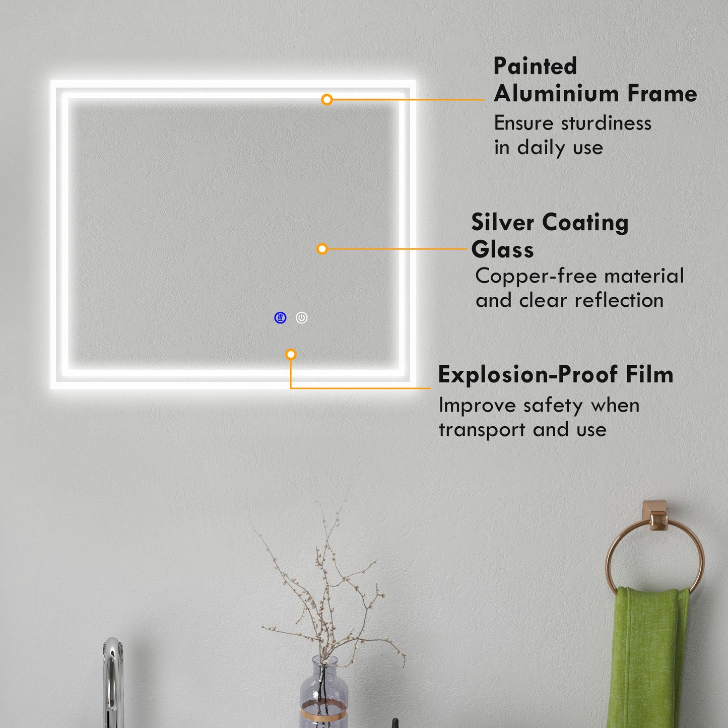 kleankin Bathroom Mirror with LED Lights, Dimmable Makeup Mirror with 3 Temperature Colours, Defogging Film, Memory Function and Aluminium Frame, Hardwired, Horizontal and Vertical, 60 x 50 cm