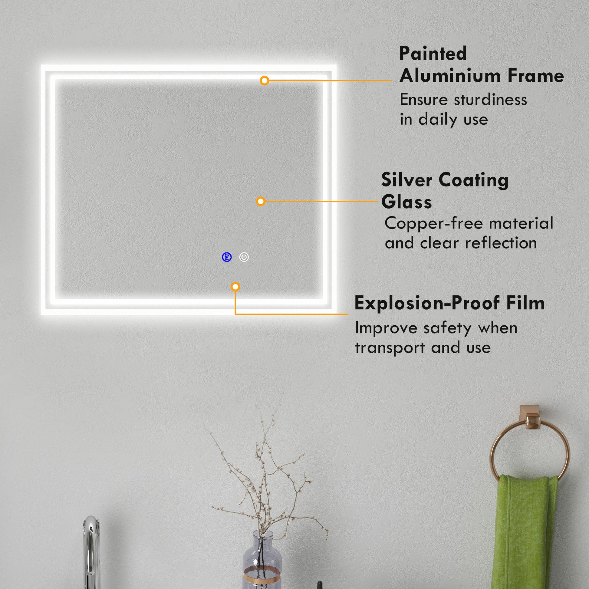 kleankin Bathroom Mirror with LED Lights, Dimmable Makeup Mirror with 3 Temperature Colours, Defogging Film, Memory Function and Aluminium Frame, Hardwired, Horizontal and Vertical, 60 x 50 cm