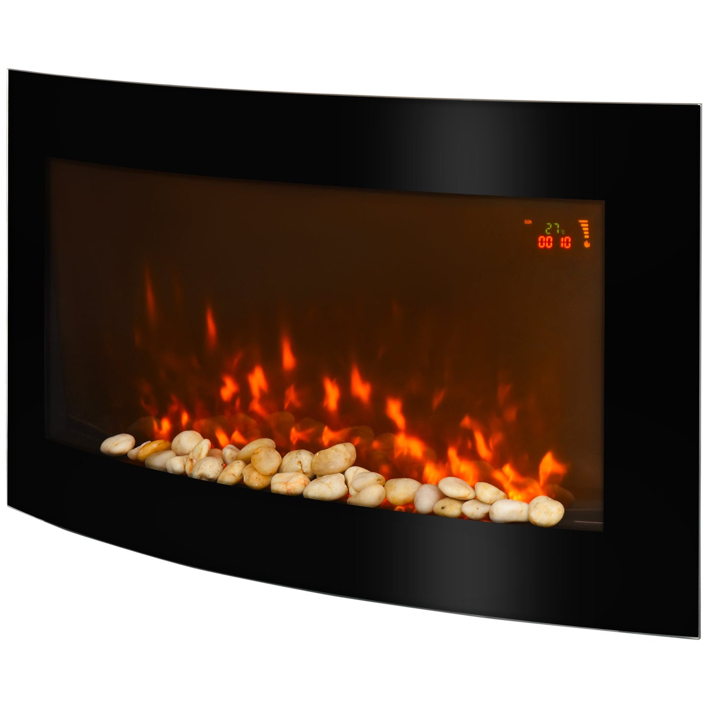 Led Wall Mounted Fireplace Curved Glass Electric Fire Place Fire Place 7 Colour Side Lights Slimline, 1000/2000W, 89.2cm x 48cm