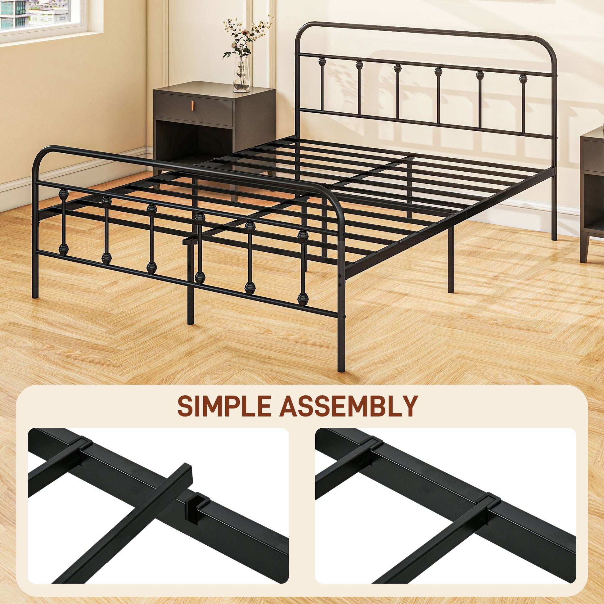 HOMCOM 5ft King Bed Frame with Underbed Storage, Metal Platform Bed frame with Tall Headboard, Footboard and Steel Slat Support, No Box Spring Needed, Easy Assembly, Black
