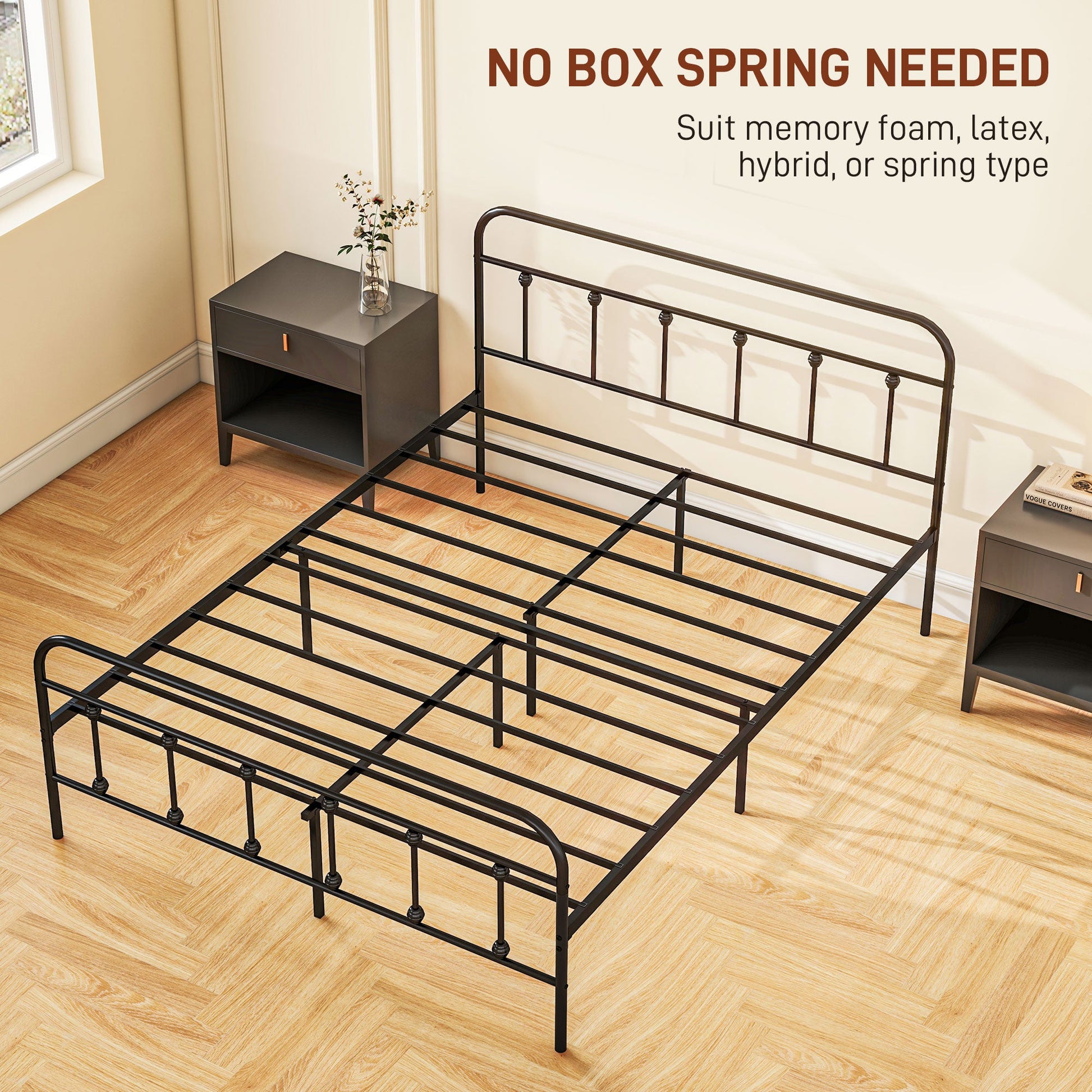 HOMCOM 5ft King Bed Frame with Underbed Storage, Metal Platform Bed frame with Tall Headboard, Footboard and Steel Slat Support, No Box Spring Needed, Easy Assembly, Black