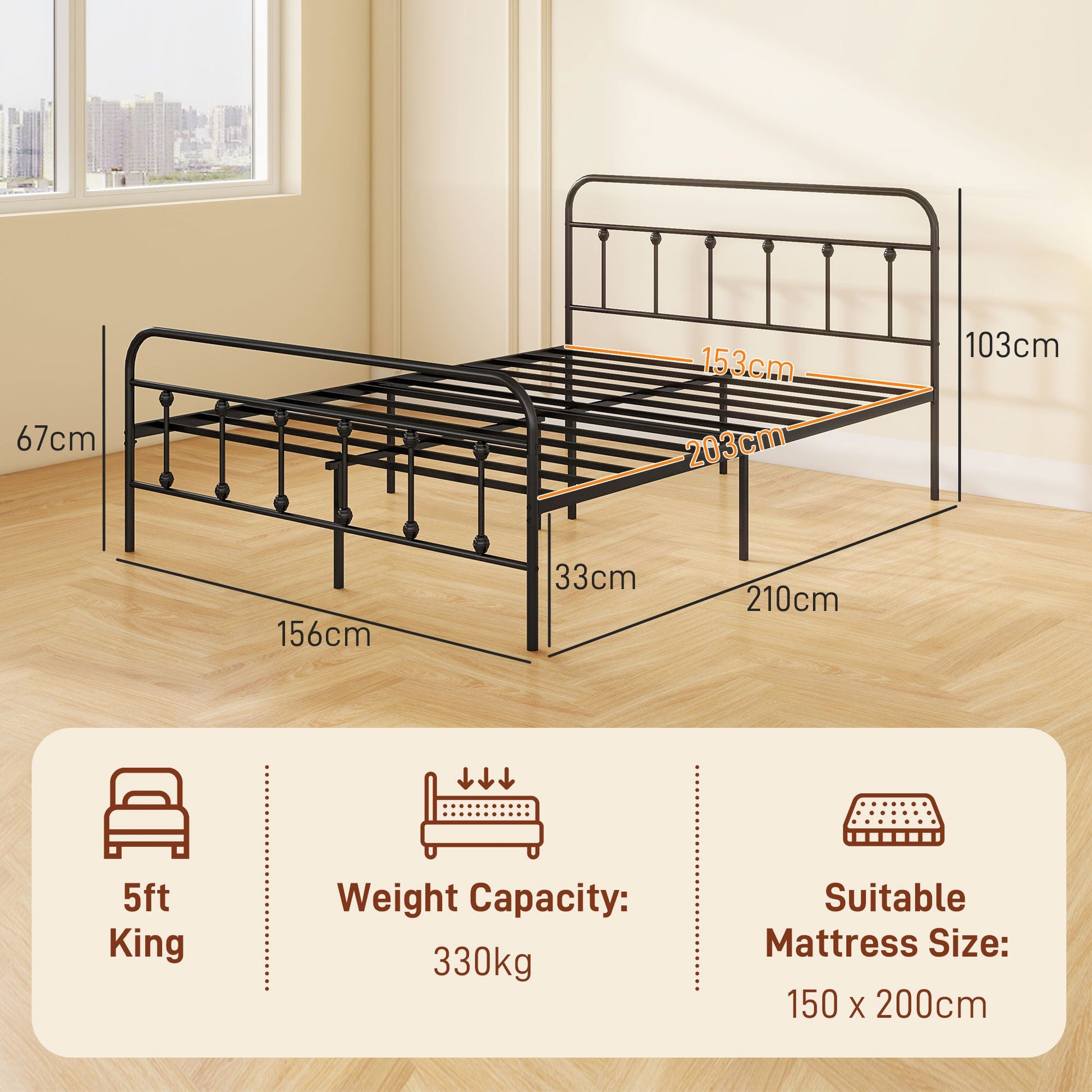 HOMCOM 5ft King Bed Frame with Underbed Storage, Metal Platform Bed frame with Tall Headboard, Footboard and Steel Slat Support, No Box Spring Needed, Easy Assembly, Black