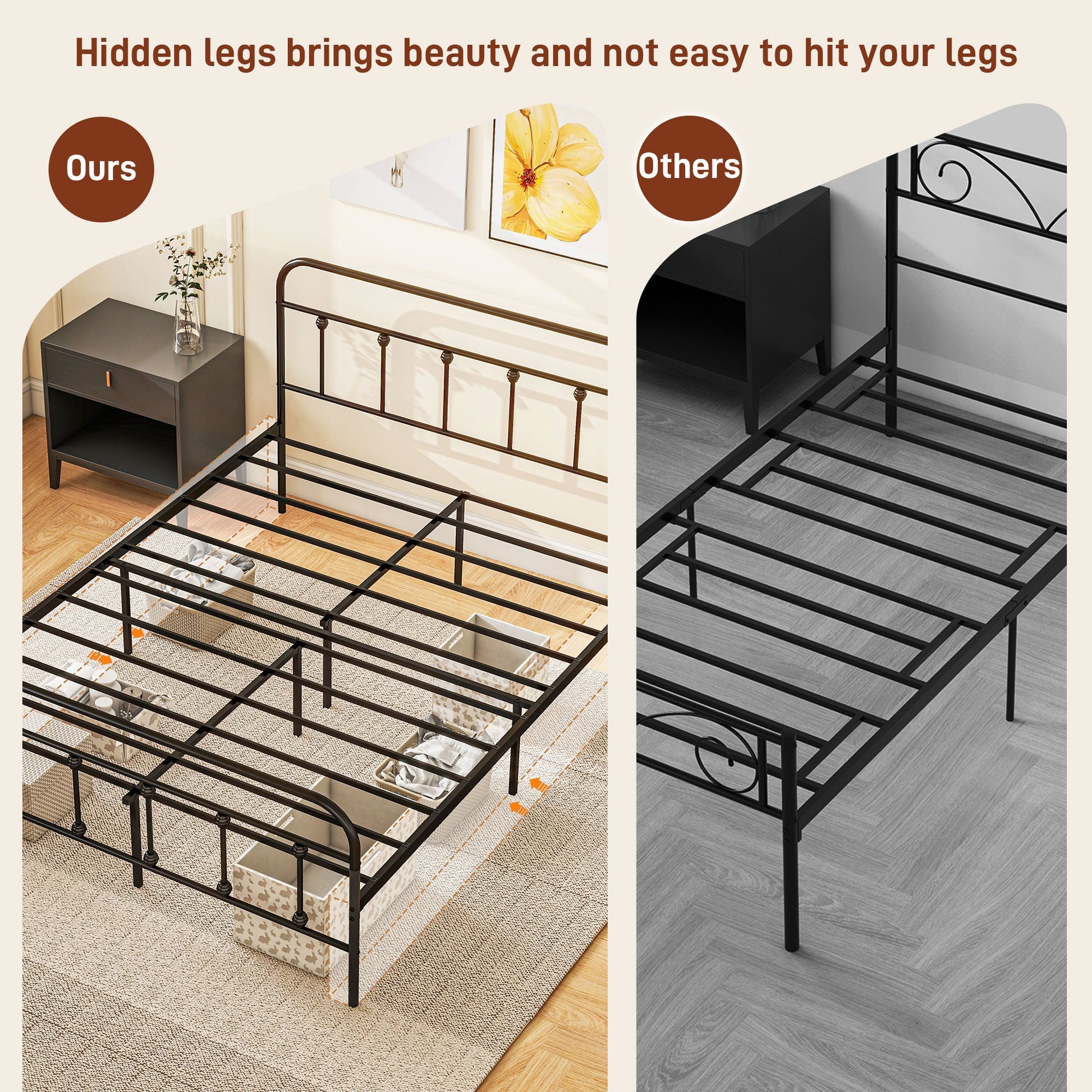 HOMCOM 5ft King Bed Frame with Underbed Storage, Metal Platform Bed frame with Tall Headboard, Footboard and Steel Slat Support, No Box Spring Needed, Easy Assembly, Black