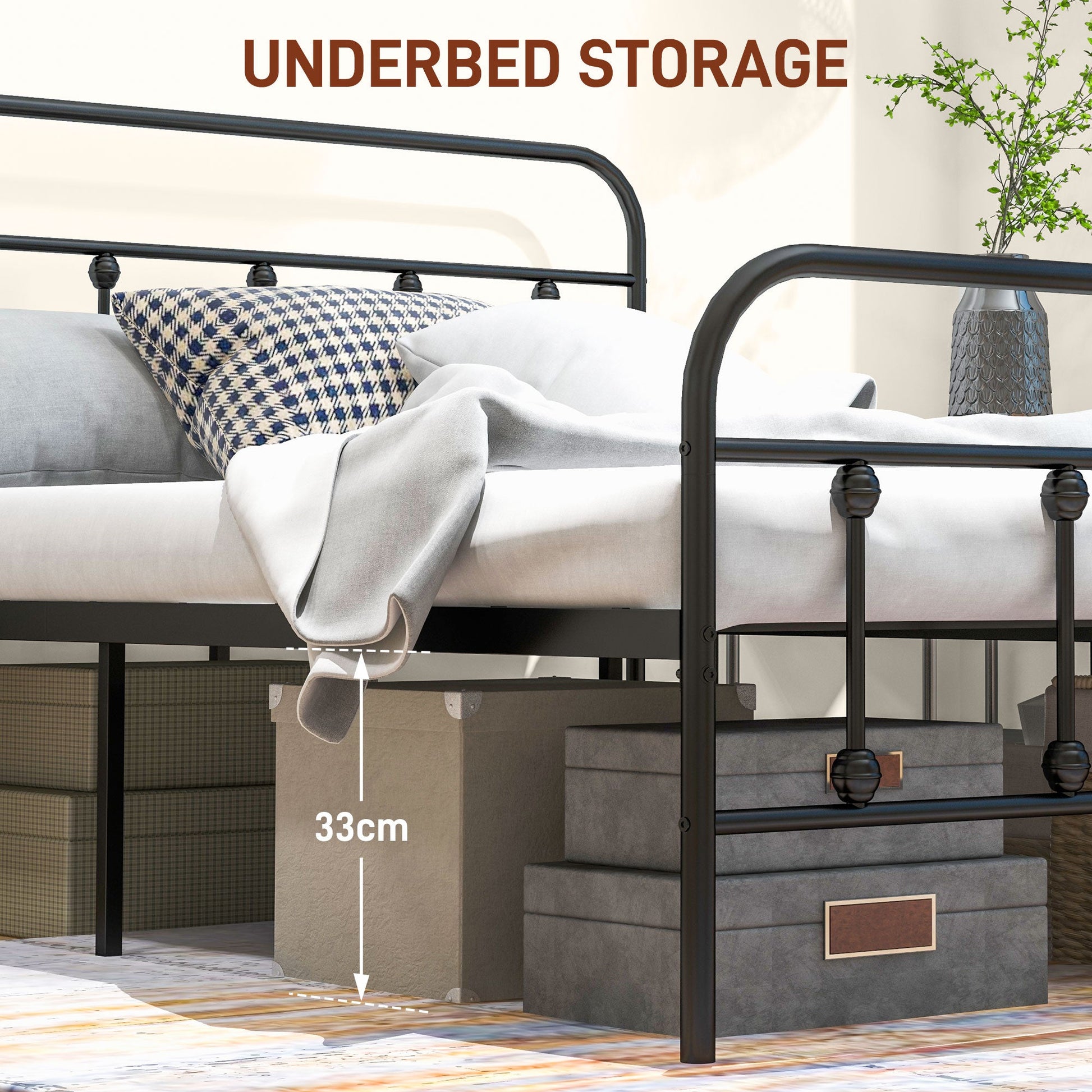 HOMCOM 5ft King Bed Frame with Underbed Storage, Metal Platform Bed frame with Tall Headboard, Footboard and Steel Slat Support, No Box Spring Needed, Easy Assembly, Black