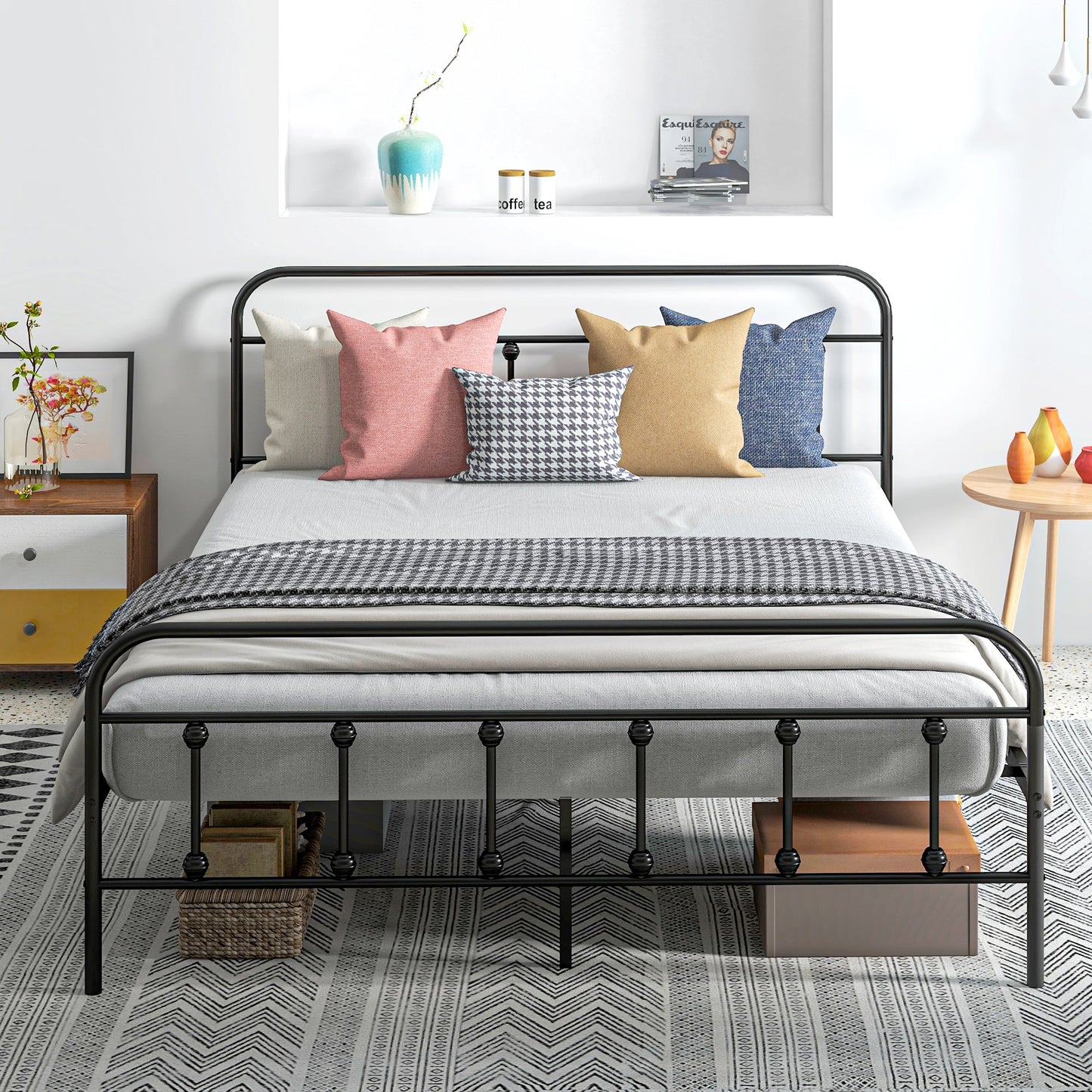 HOMCOM 5ft King Bed Frame with Underbed Storage, Metal Platform Bed frame with Tall Headboard, Footboard and Steel Slat Support, No Box Spring Needed, Easy Assembly, Black