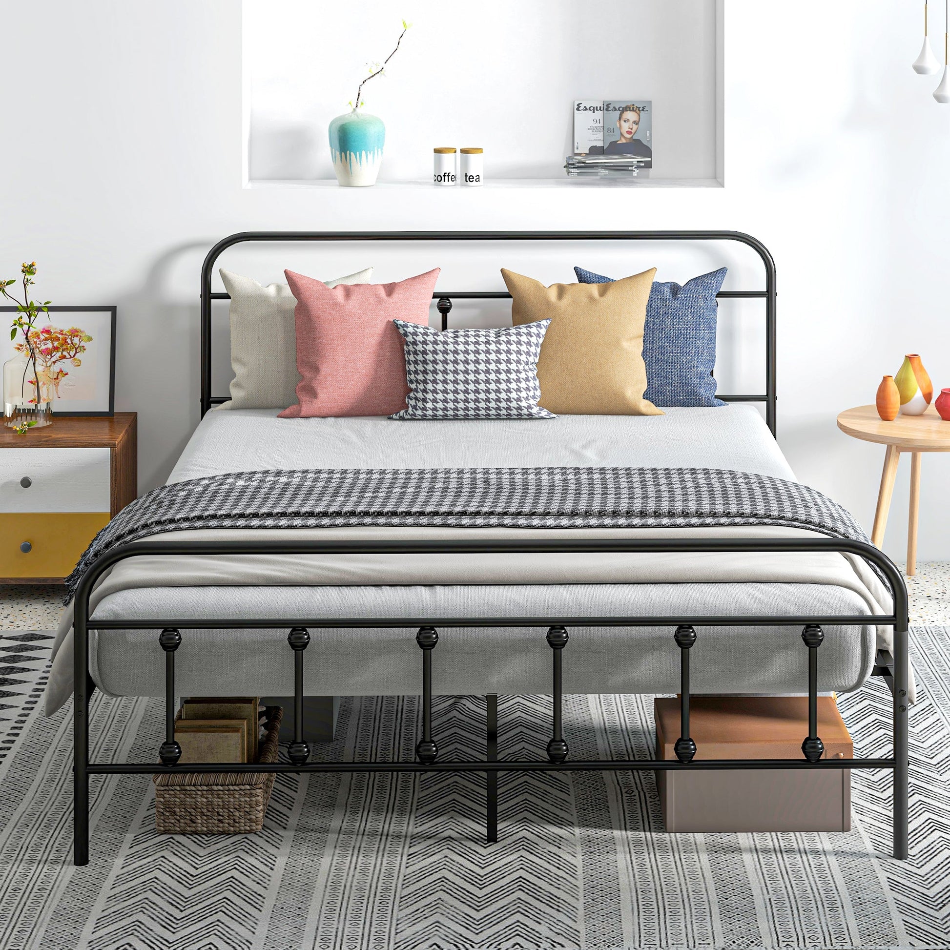 HOMCOM 5ft King Bed Frame with Underbed Storage, Metal Platform Bed frame with Tall Headboard, Footboard and Steel Slat Support, No Box Spring Needed, Easy Assembly, Black