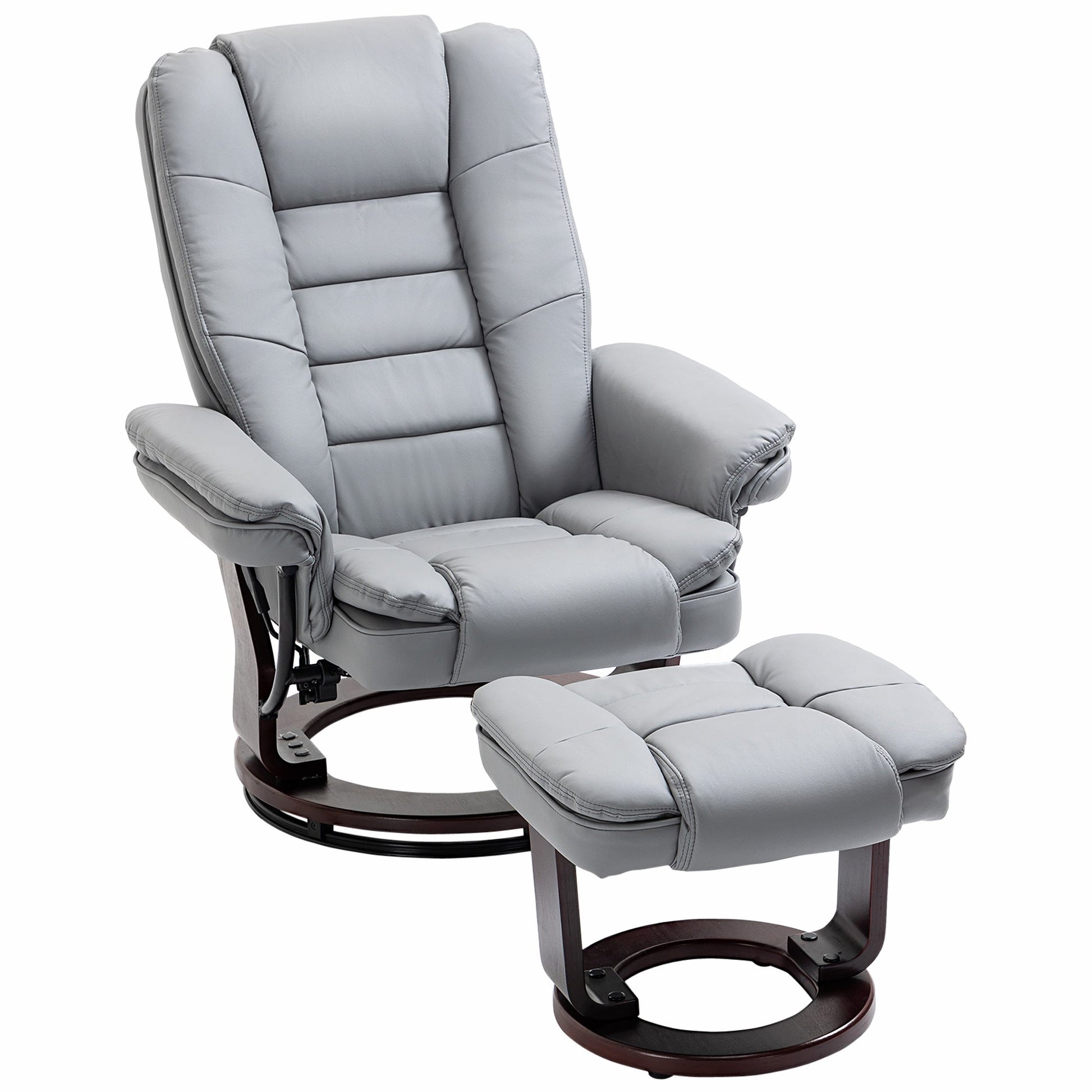 HOMCOM Manual Recliner and Footrest Set PU Leather Leisure Lounge Chair Armchair with Swivel Wood Base, Grey