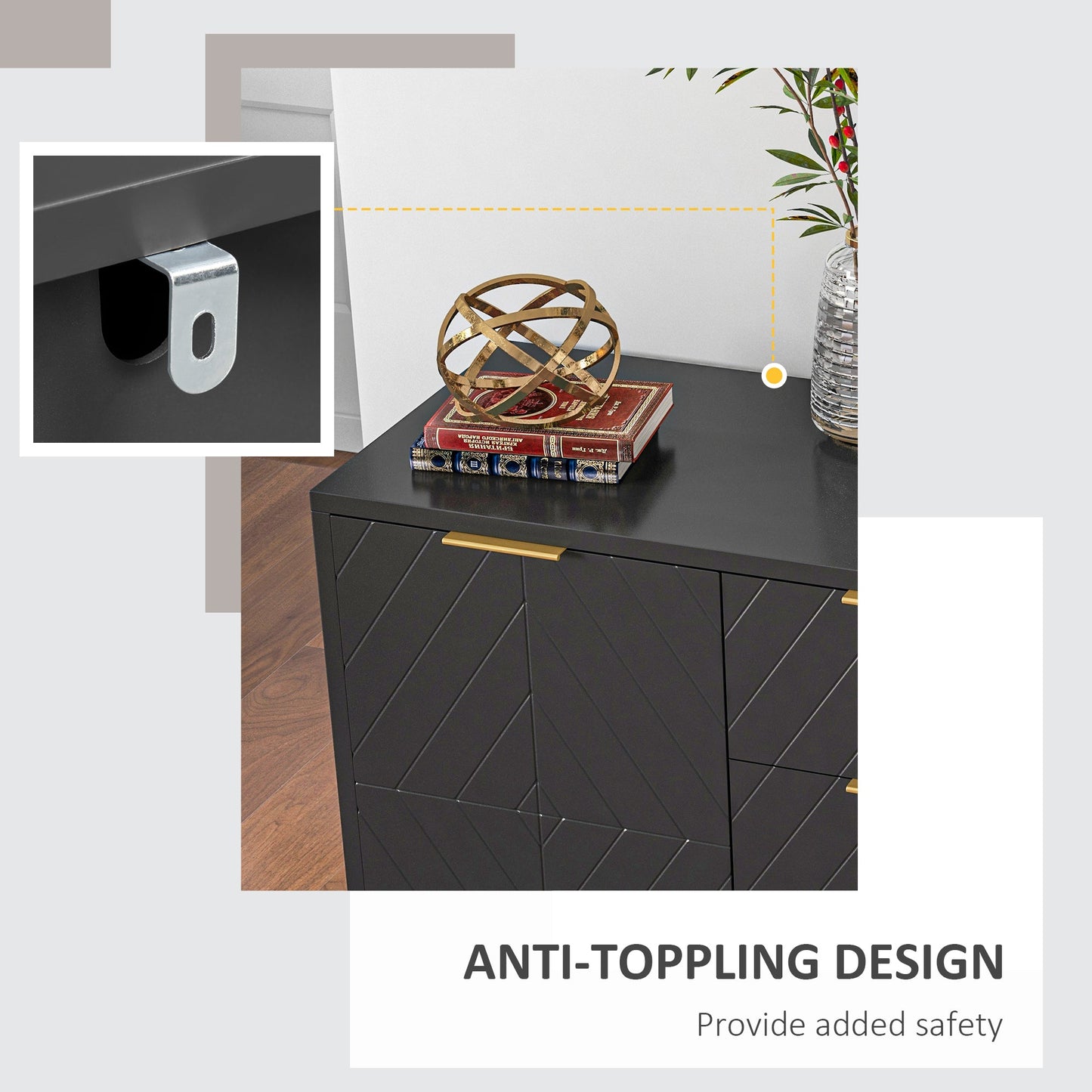 Sideboard for Living Room, Modern Storage Cabinet with 3 Drawers and Adjustable Shelves, Freestanding Cupboard for Dining Room, Kitchen, Black