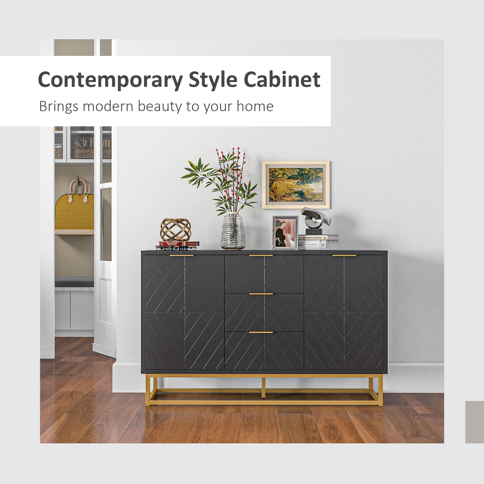 Sideboard for Living Room, Modern Storage Cabinet with 3 Drawers and Adjustable Shelves, Freestanding Cupboard for Dining Room, Kitchen, Black