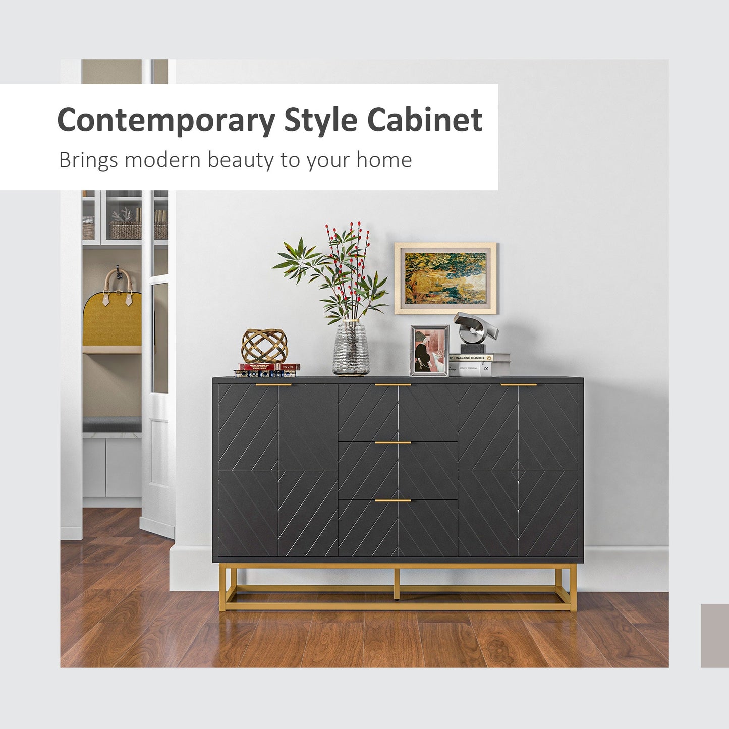 Sideboard for Living Room, Modern Storage Cabinet with 3 Drawers and Adjustable Shelves, Freestanding Cupboard for Dining Room, Kitchen, Black