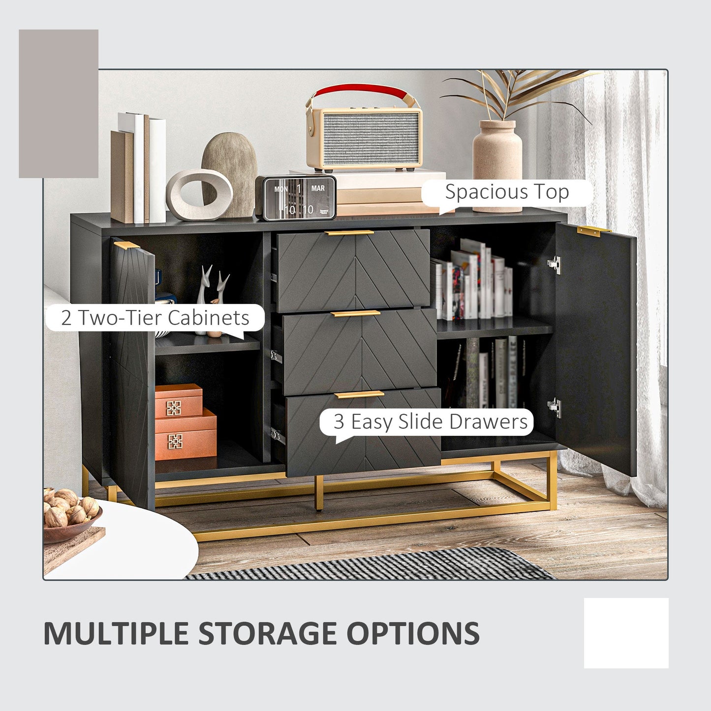 Sideboard for Living Room, Modern Storage Cabinet with 3 Drawers and Adjustable Shelves, Freestanding Cupboard for Dining Room, Kitchen, Black