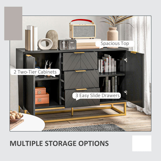Sideboard for Living Room, Modern Storage Cabinet with 3 Drawers and Adjustable Shelves, Freestanding Cupboard for Dining Room, Kitchen, Black