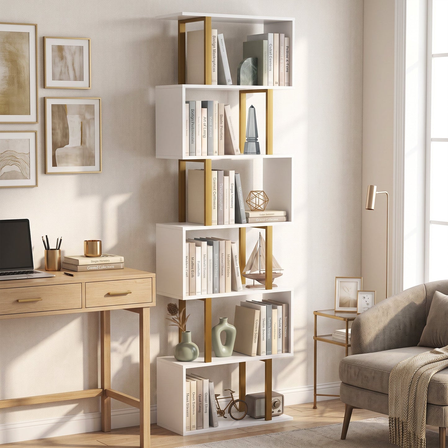 S-Shaped Bookshelf, 6-Tier Bookcase, Freestanding Storage Shelves with Anti-Tip Strap for Study, Living Room, White