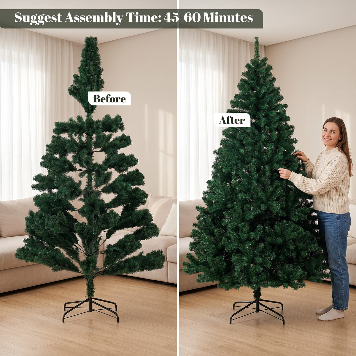 7ft/210cm Artificial Christmas Tree, Fir Hinged Xmas Tree with 1100 Branch Tips, Foldable Steel Stand, Easy Assembly for Home Office Holiday Decoration, Green