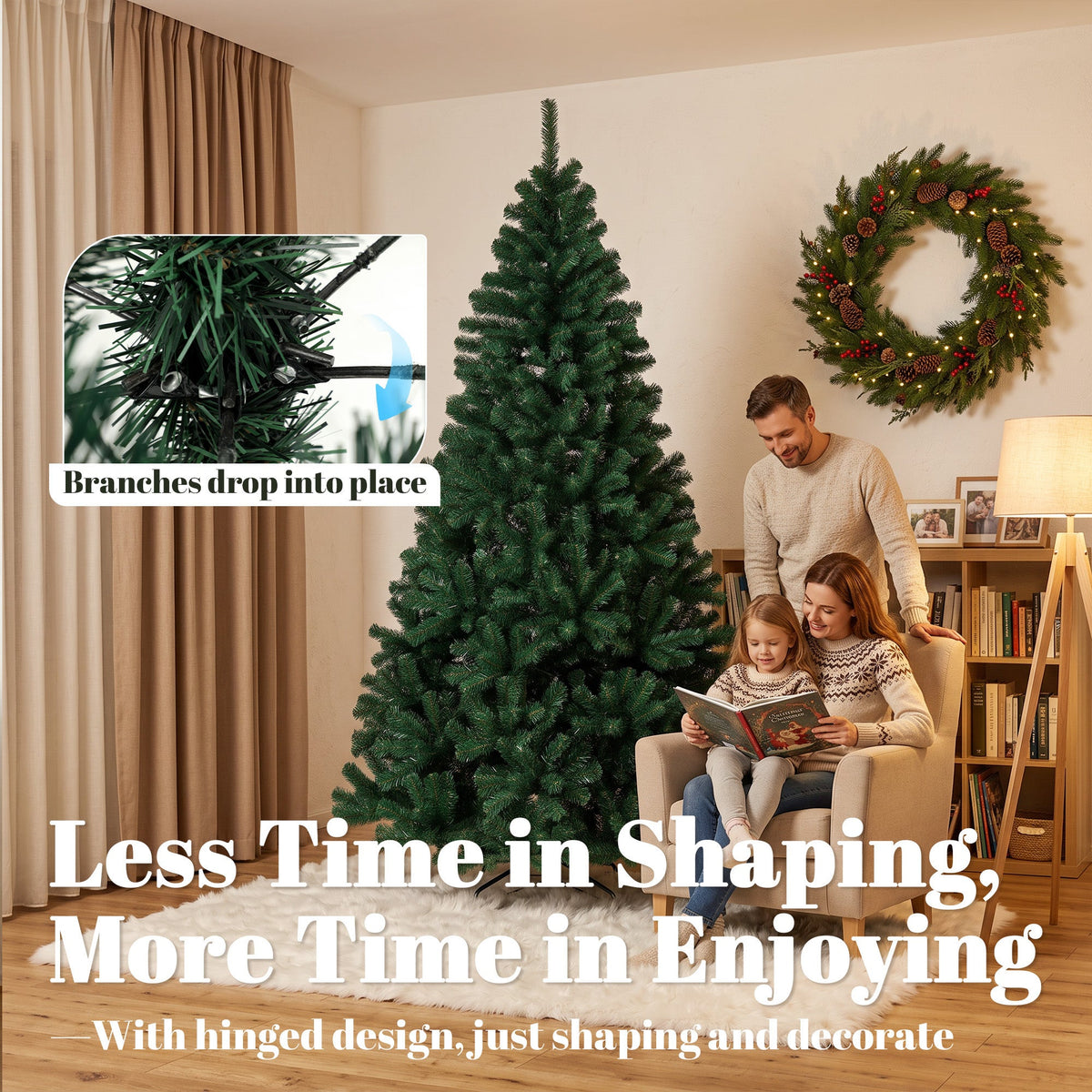 7ft/210cm Artificial Christmas Tree, Fir Hinged Xmas Tree with 1100 Branch Tips, Foldable Steel Stand, Easy Assembly for Home Office Holiday Decoration, Green