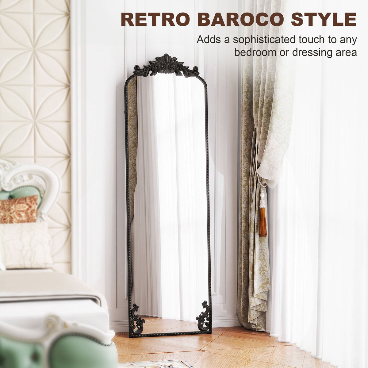 Full Length Mirror, 50 x 160 cm Hanging or Leaning Against Wall Floor Mirror with Baroque Metal Frame for Bedroom, Living Room, Dressing Room, Black