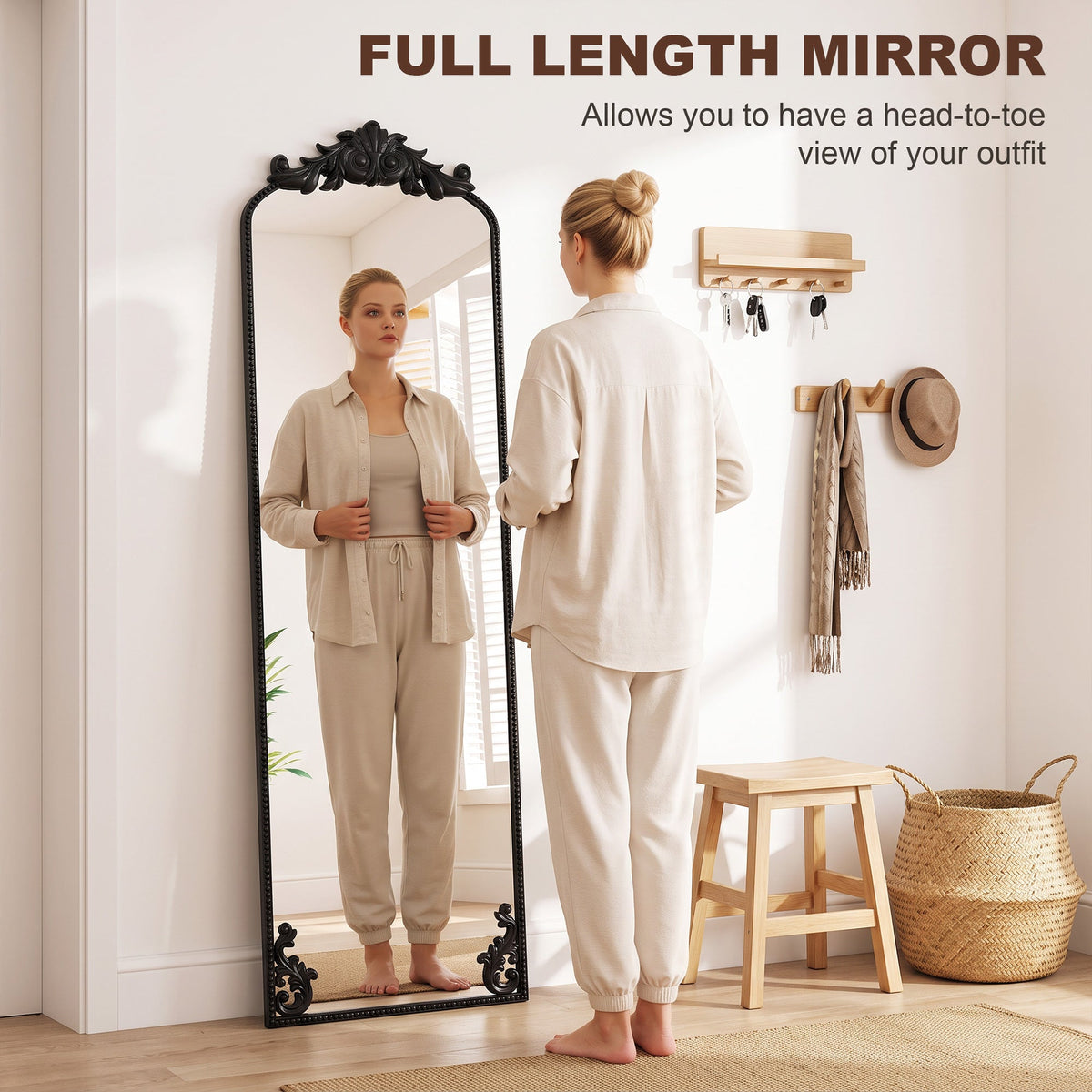 Full Length Mirror, 50 x 160 cm Hanging or Leaning Against Wall Floor Mirror with Baroque Metal Frame for Bedroom, Living Room, Dressing Room, Black