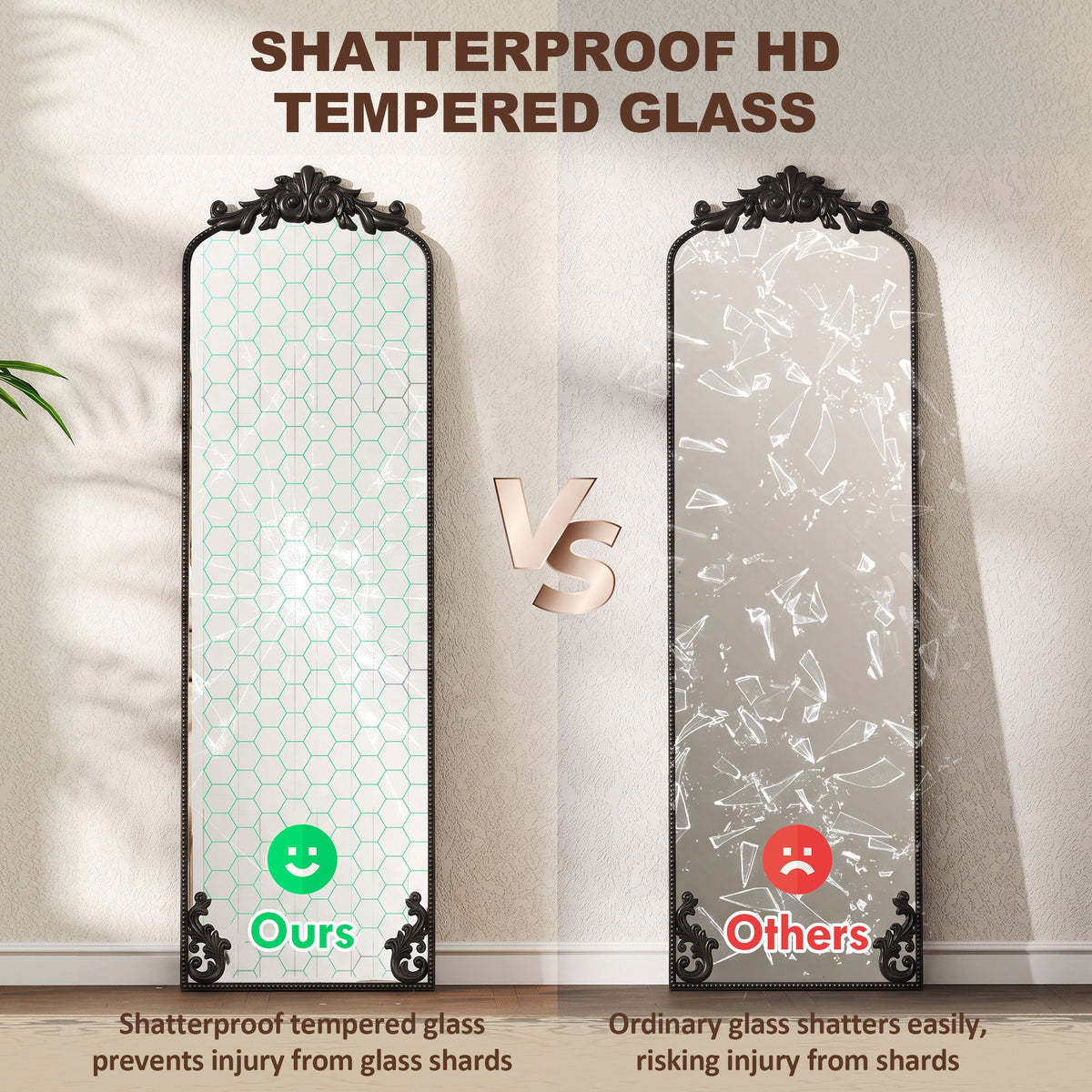 Full Length Mirror, 50 x 160 cm Hanging or Leaning Against Wall Floor Mirror with Baroque Metal Frame for Bedroom, Living Room, Dressing Room, Black