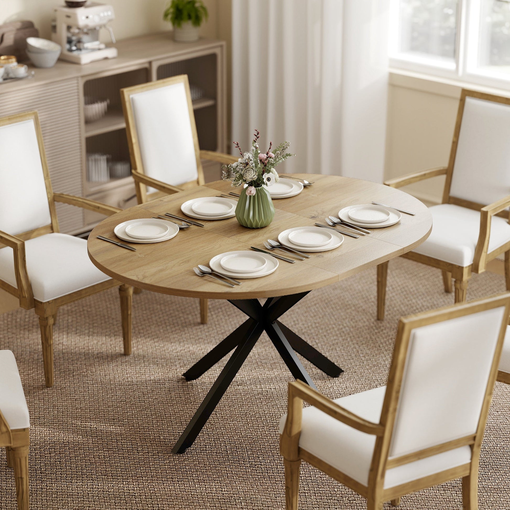 Extendable Dining Table for 4-6, 100-135 cm Kitchen Dinner Table with Butterfly Leaf and X-Shape Base, Space-Saving, Round to Oval for Home, Living Room, Natural Wood